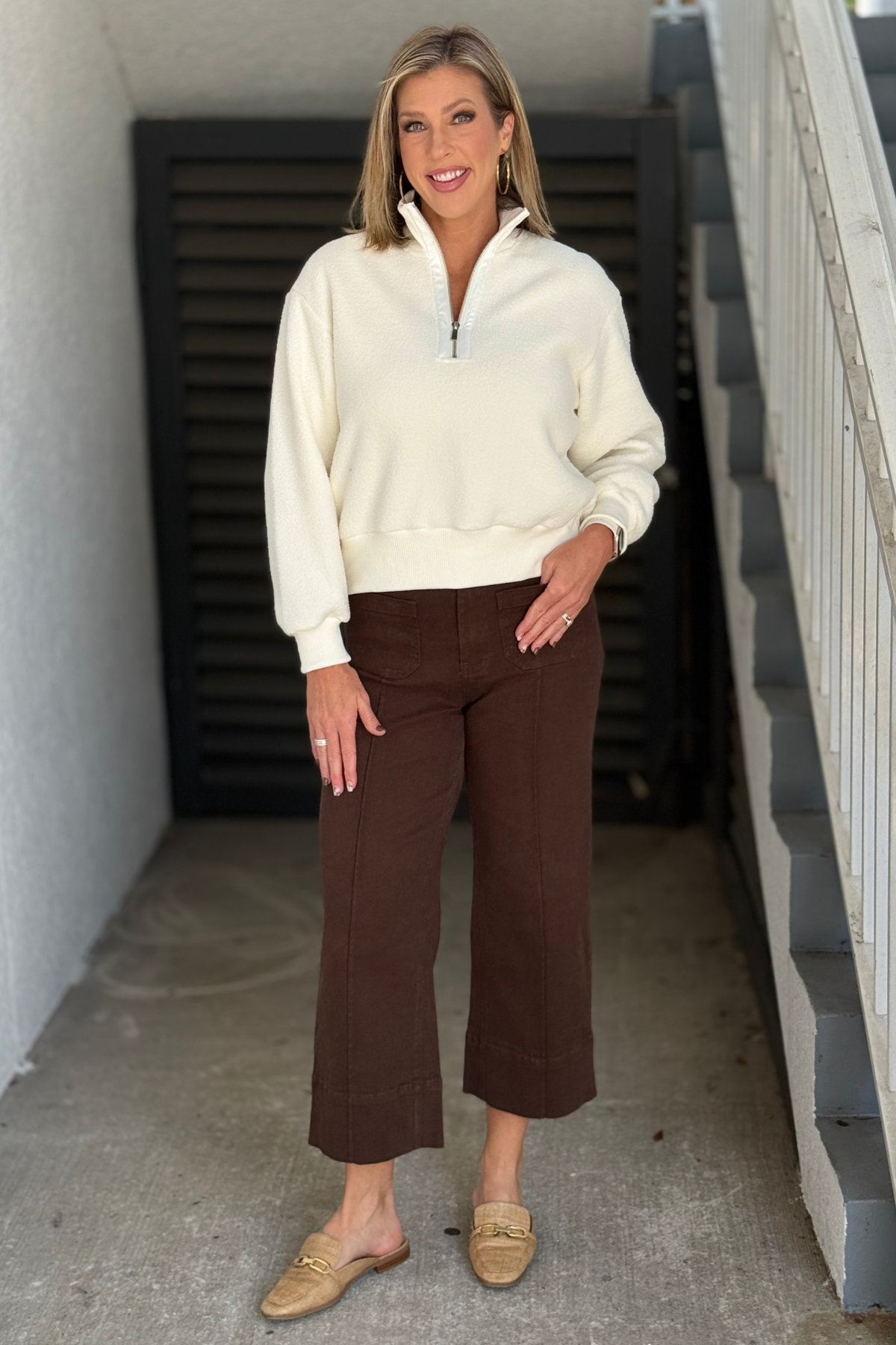 Women’s Charlie B ecru half-zip fleece pullover styled with brown pants