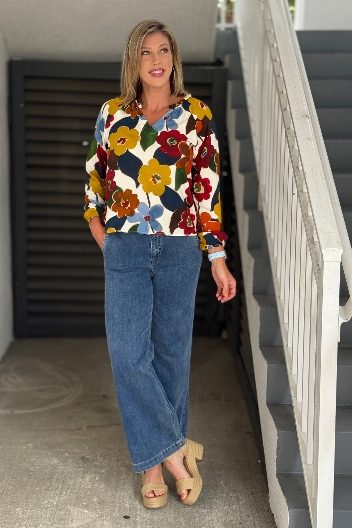 Charlie B wide leg trouser jeans styled for fall