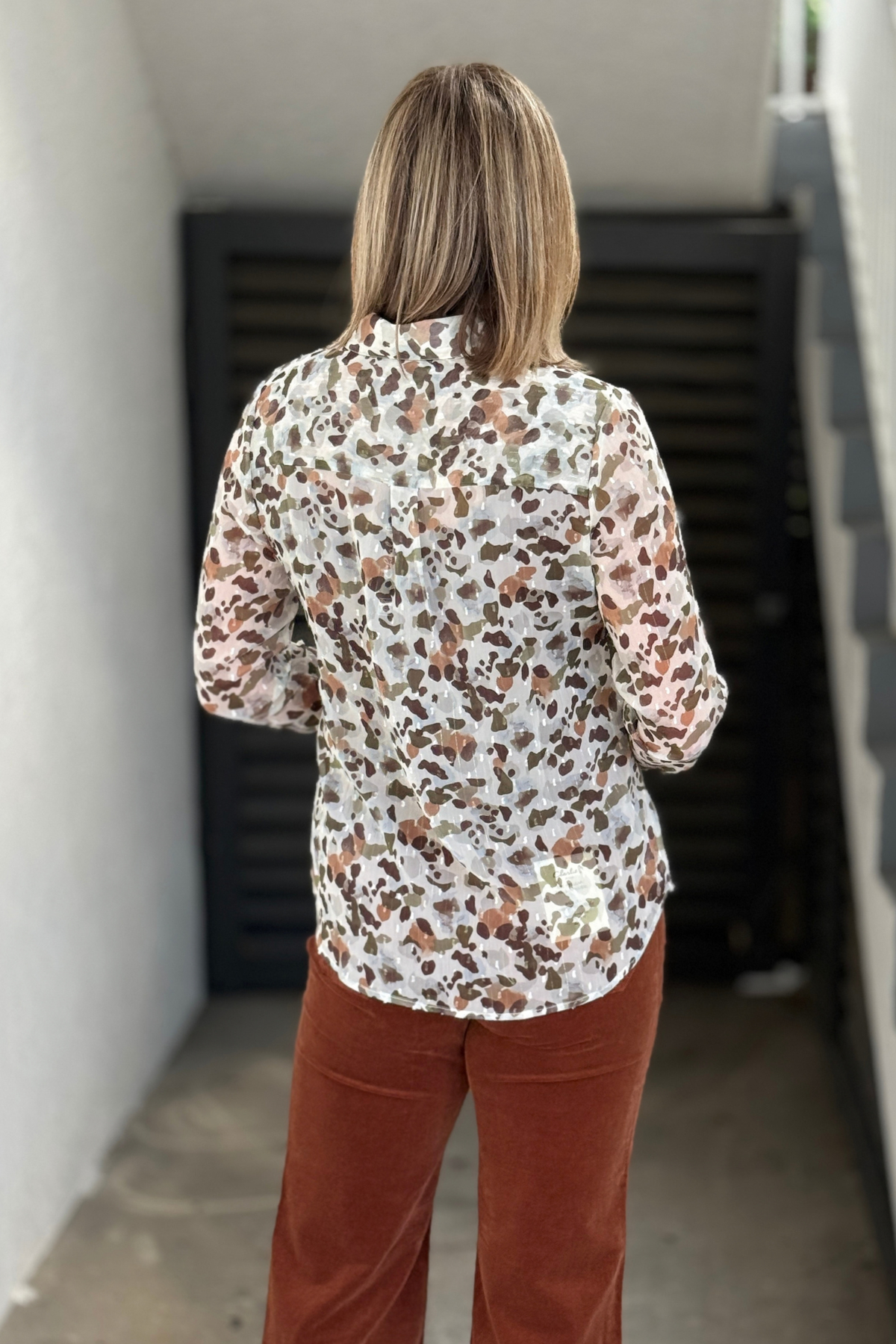 Back view of Charlie B Pebble Print Button-Up Shirt