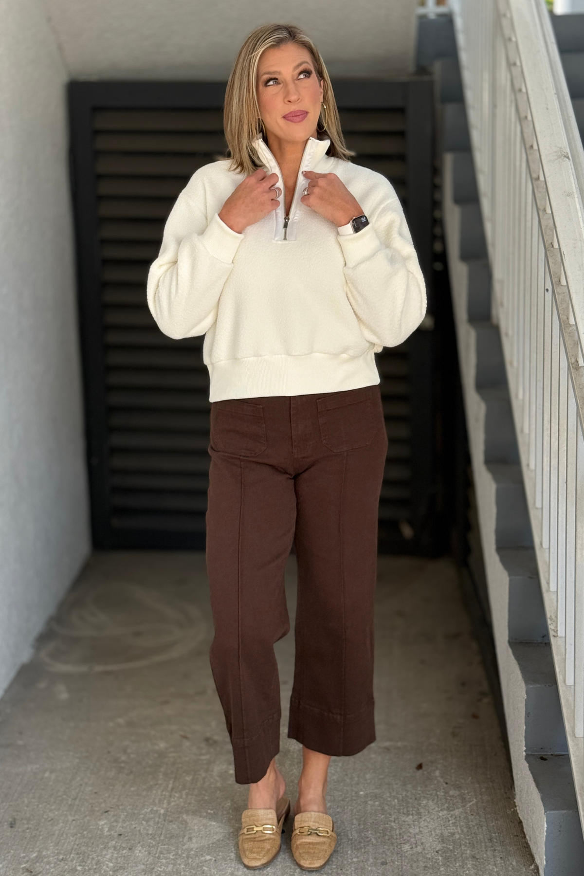 Charlie B cream textured fleece pullover with stand collar