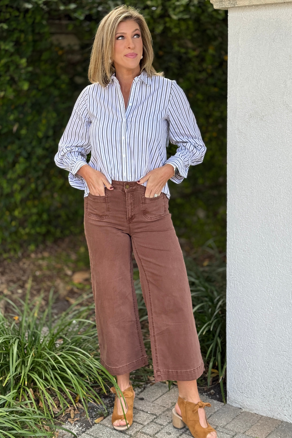 Liverpool striped blouse with adjustable scrunch sleeves
