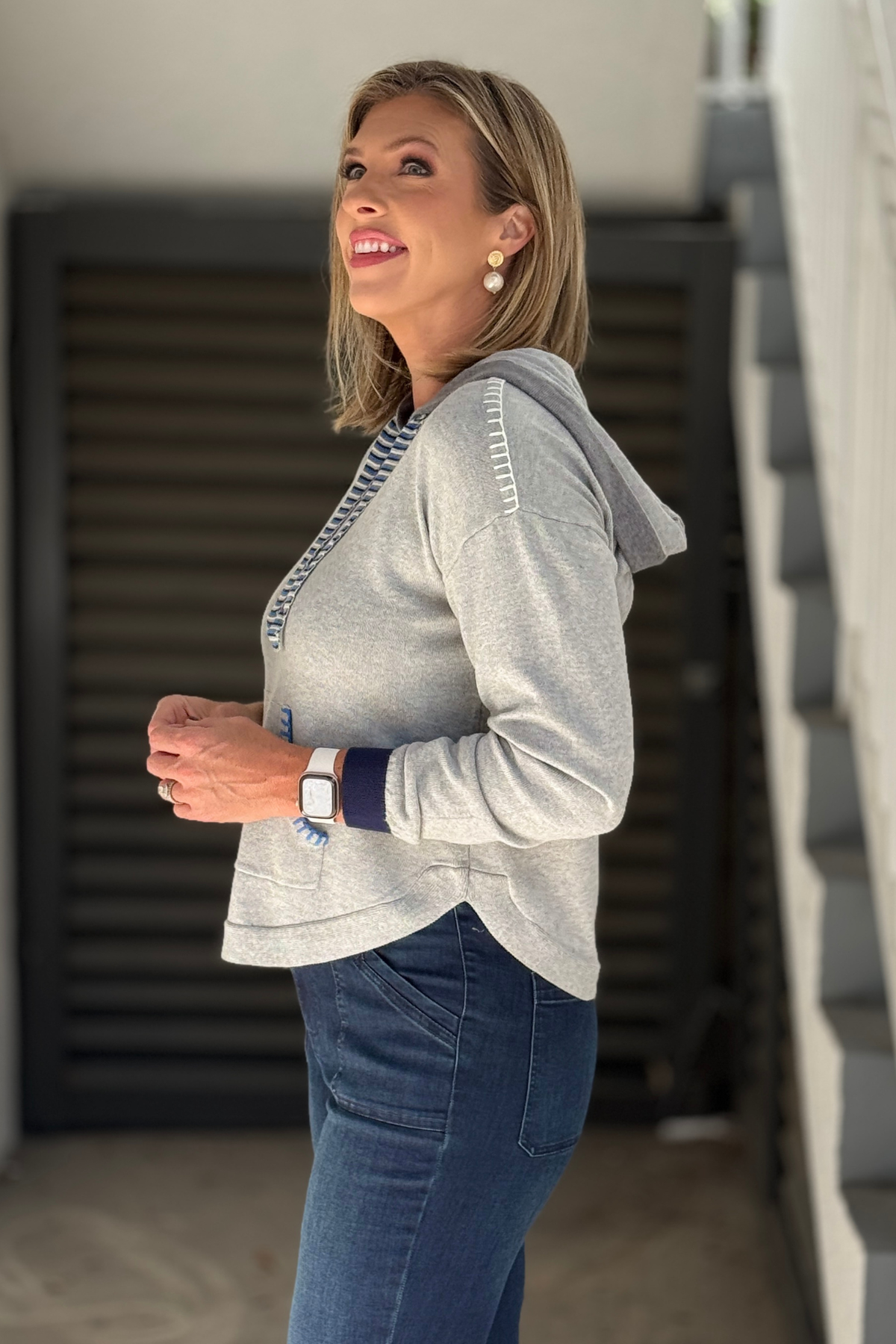Charlie B grey hooded sweater with striped drawstrings