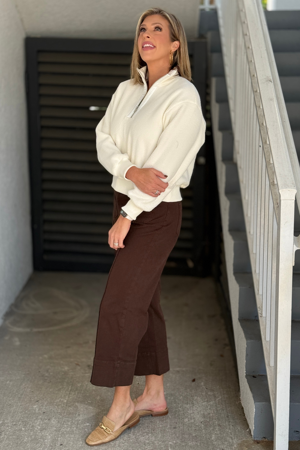 Charlie B fall fleece pullover in soft ecru with relaxed fit