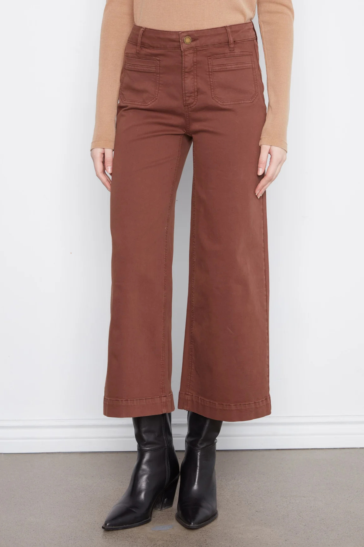 Charlie B stretch twill pants styled with Ivy Jane patchwork shirt