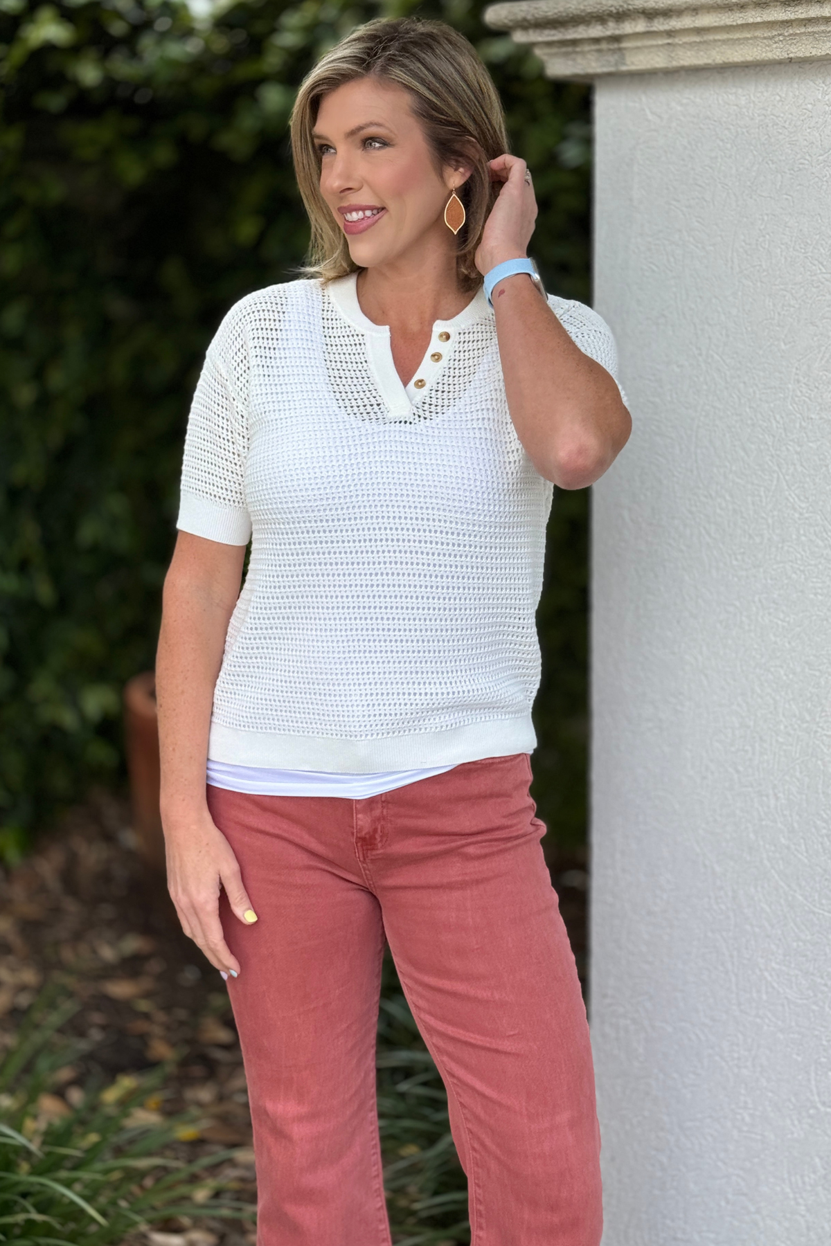 Charlie B lightweight sweater with notch neckline and button detail
