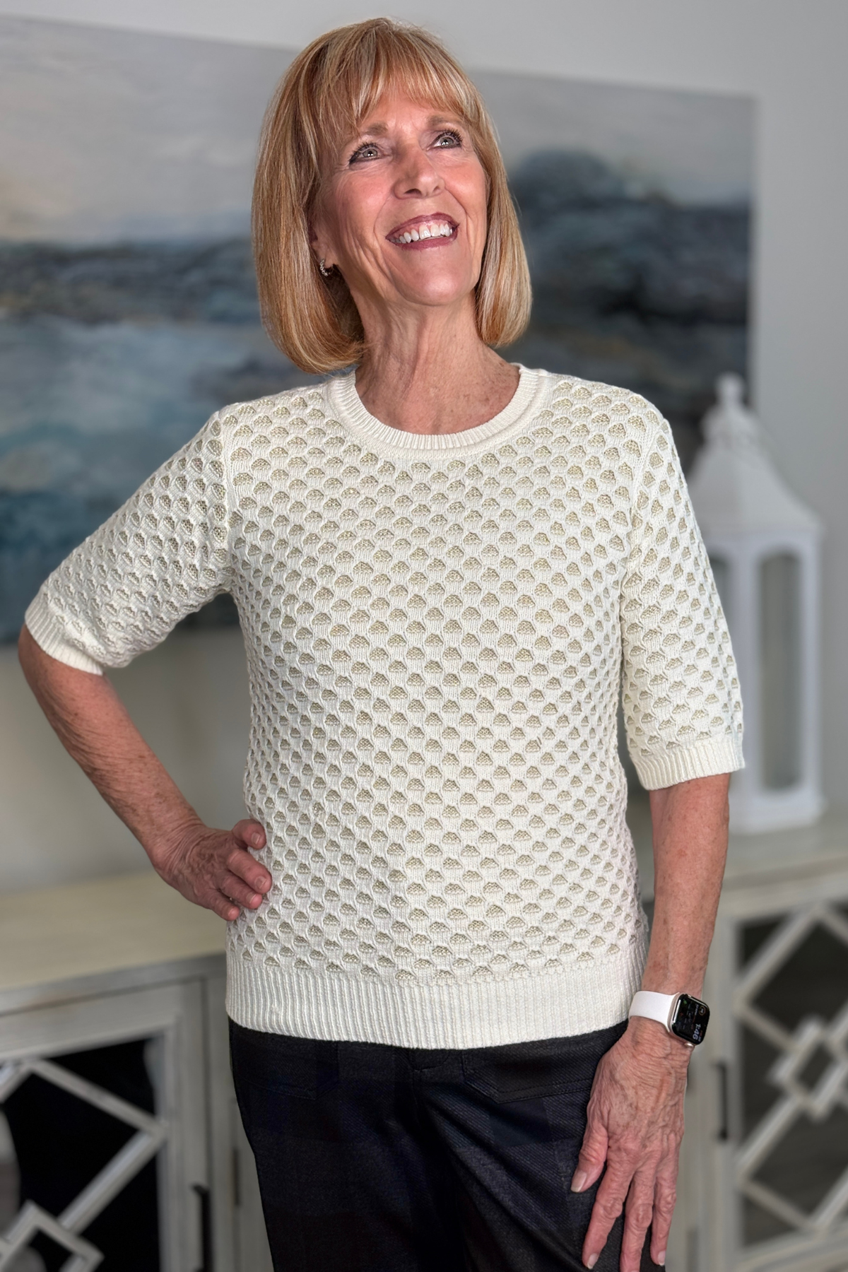 Women’s ivory Christmas print sparkle mesh long sleeve top
