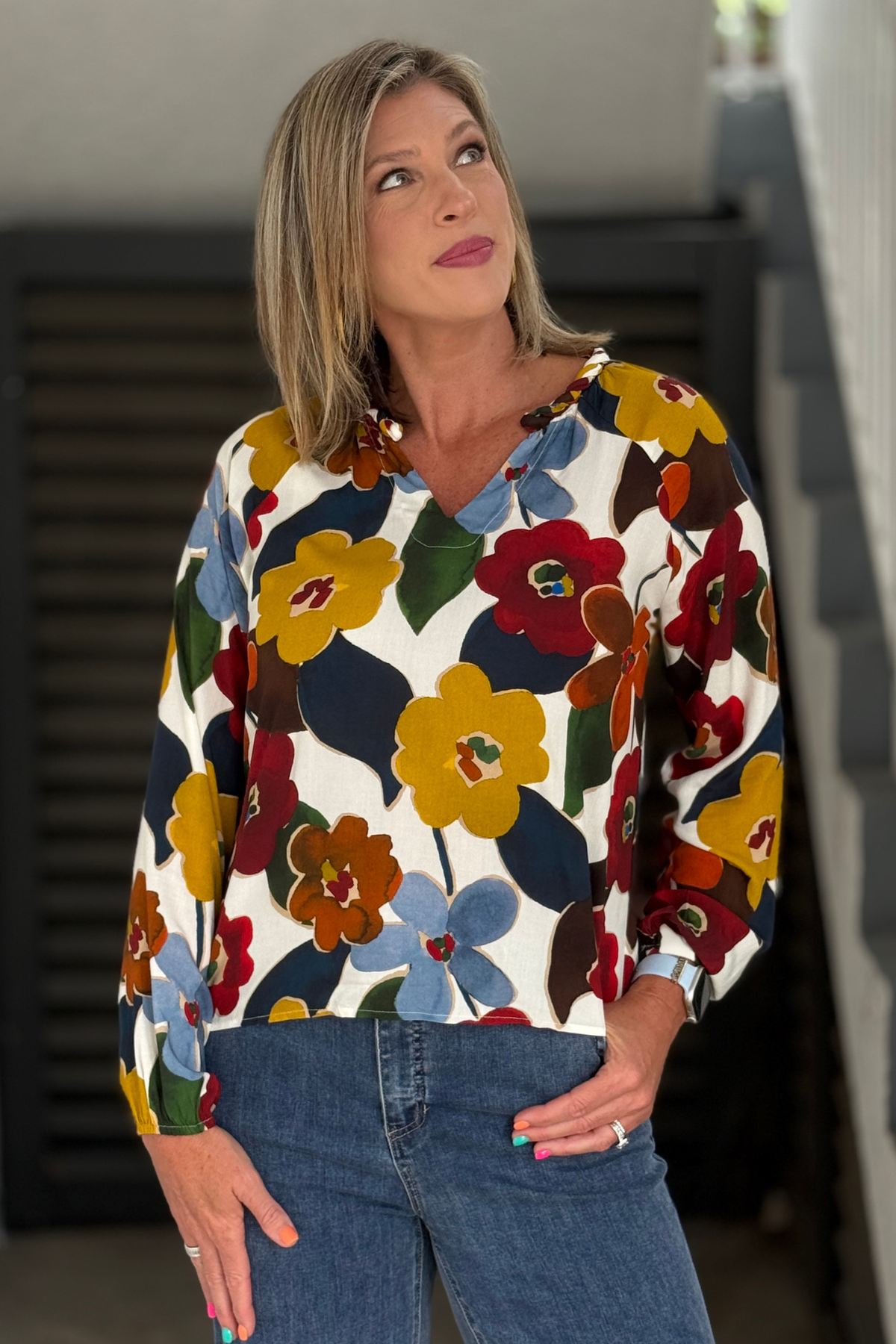 Charlie B Jazzy Floral Popover Blouse in multicolor floral print