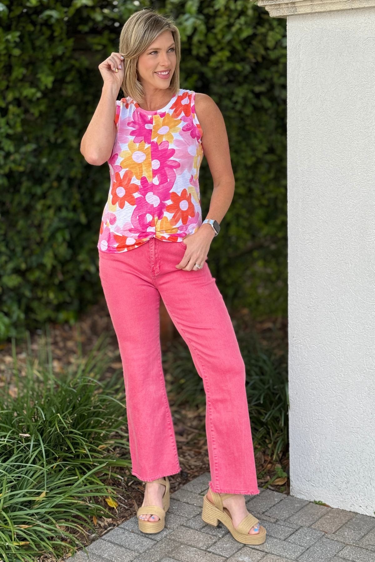 pink orange floral sleeveless top close up