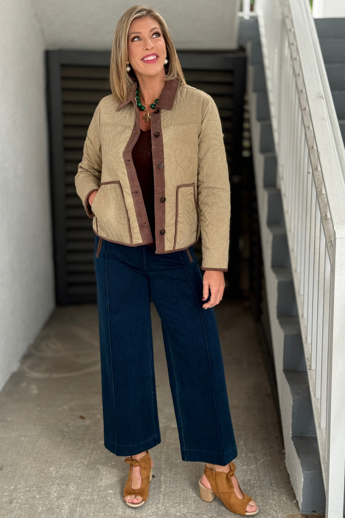Charlie B Sunflower Quilted Corduroy Trim Jacket in Latte