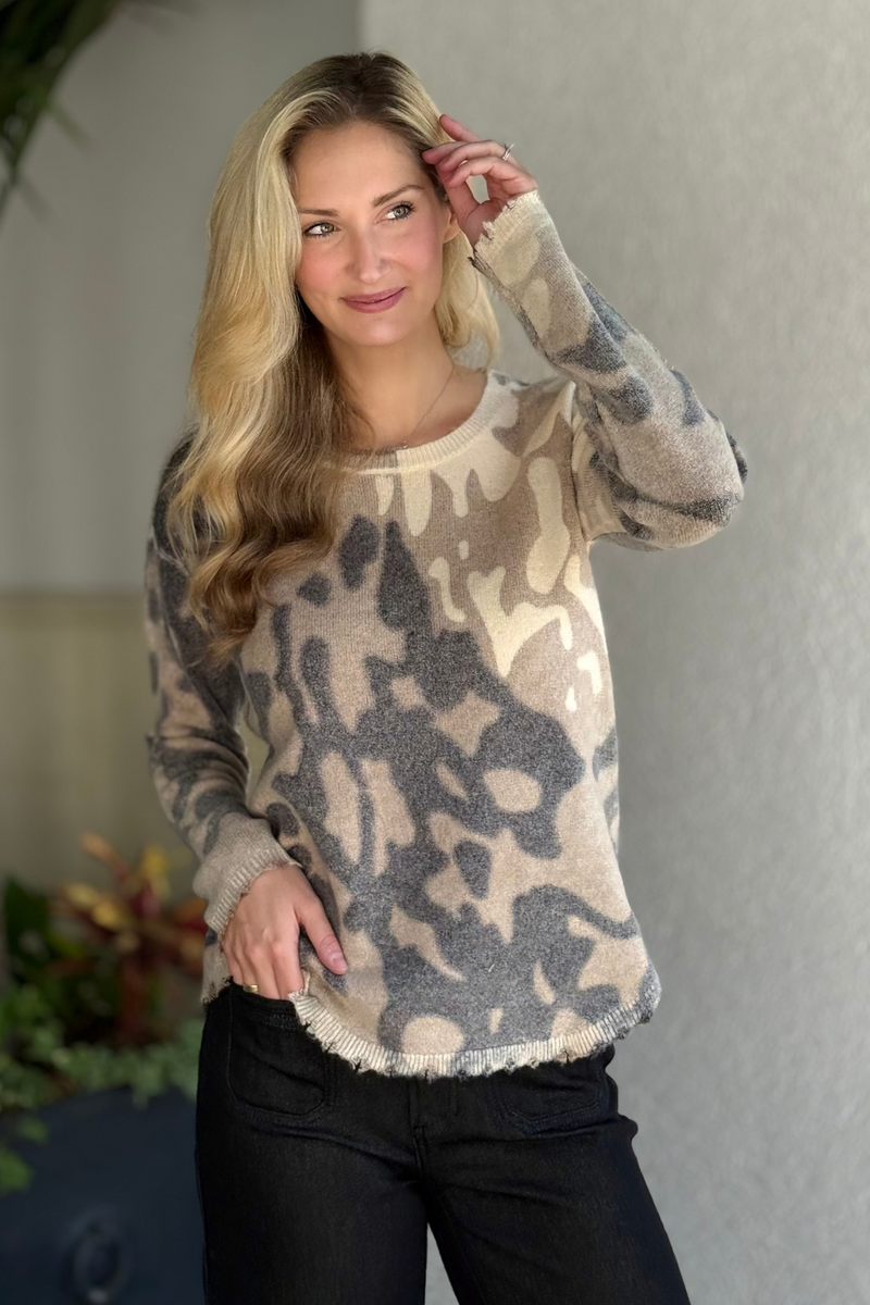 Women’s cozy fall sweater with frayed edges and crew neckline by Charlie B