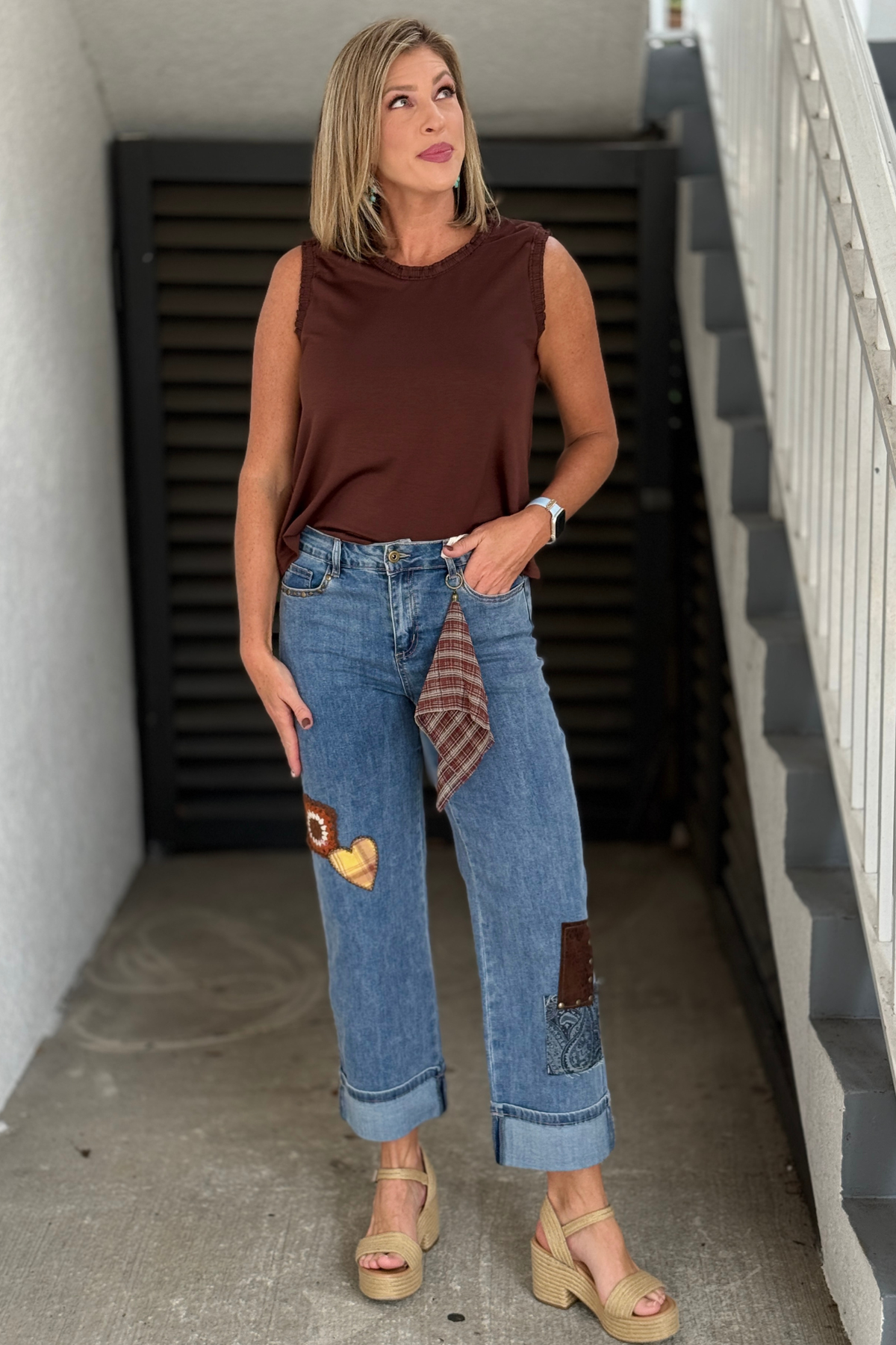 Charlie B medium blue straight leg jeans with mixed patches