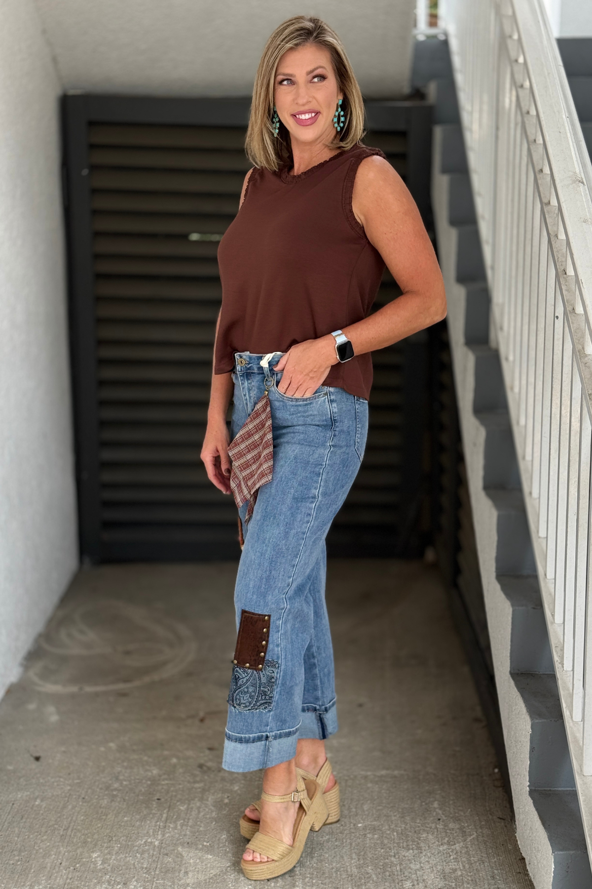 Charlie B patchwork jeans styled with chocolate brown top