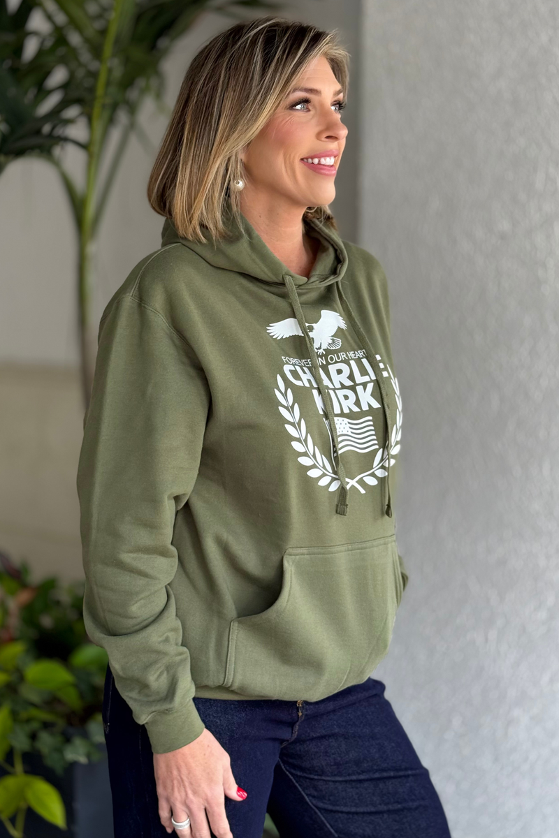 Olive green tribute hoodie with eagle and flag graphic