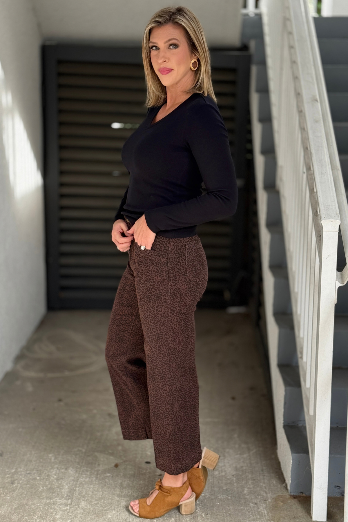 Women’s brown leopard print stretch twill pants by Charlie B