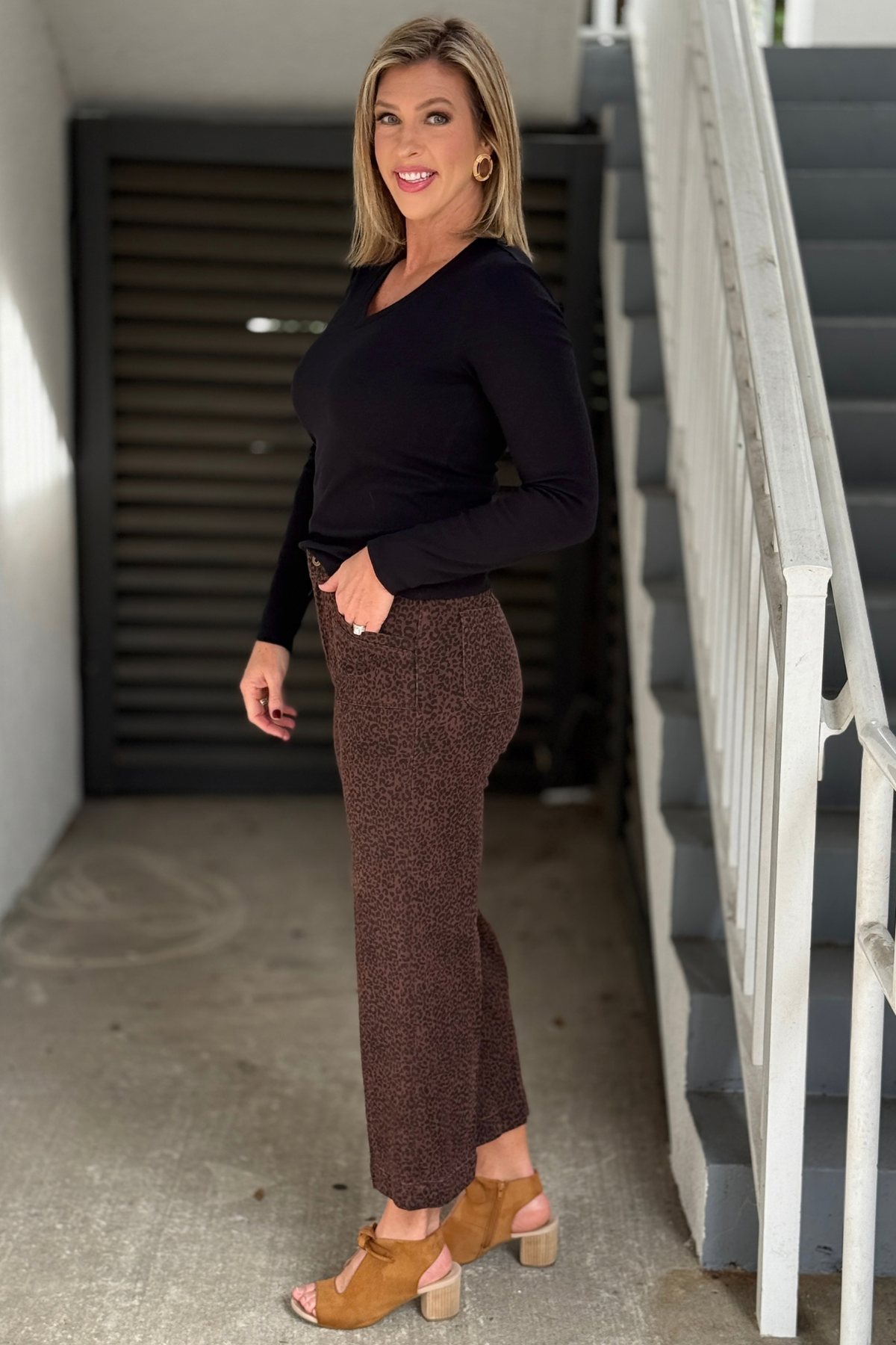 Front view of Charlie B leopard print cropped pants