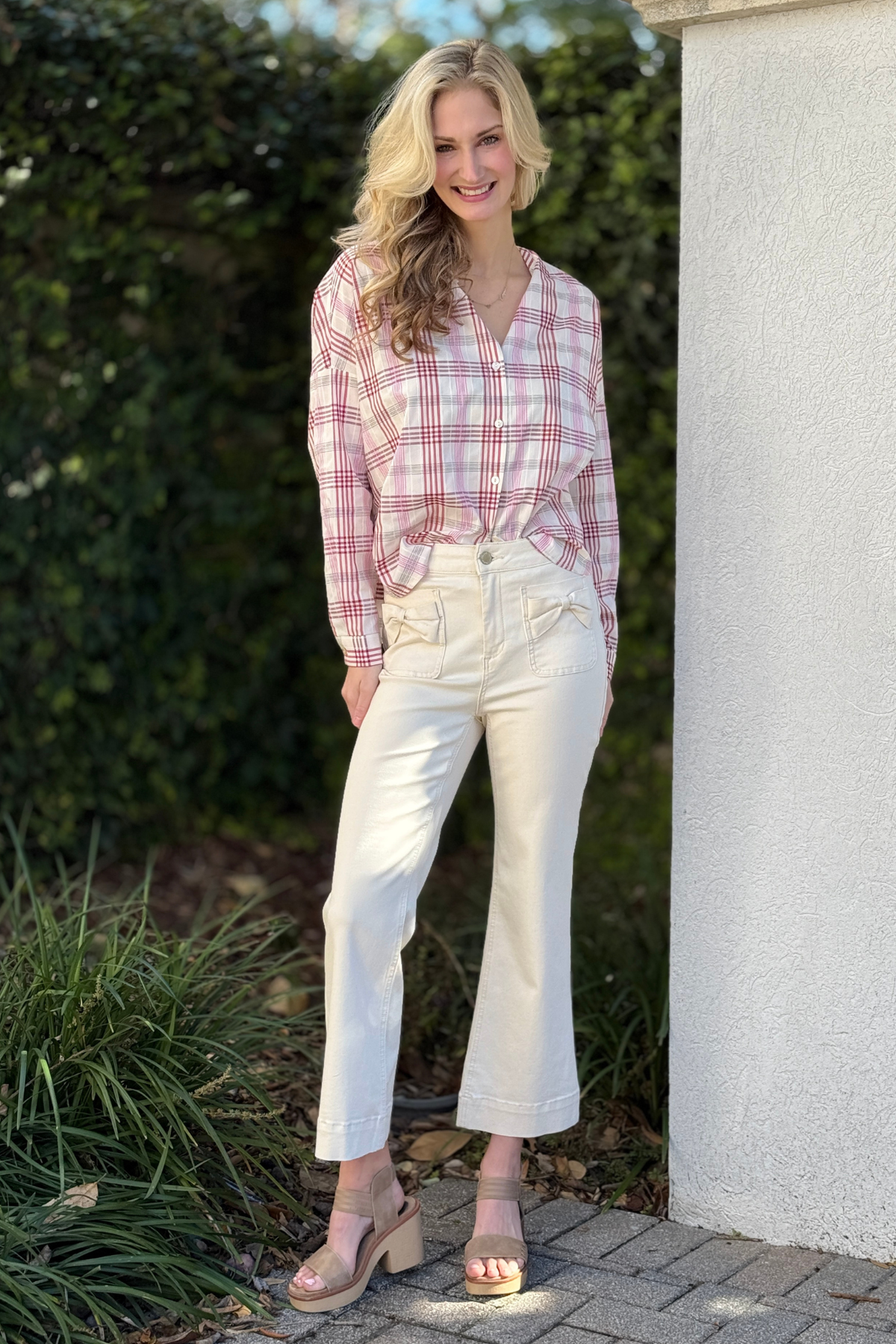 Charlie B Natural Bow Pocket Cropped Flare Pants | The Pink Nickel Women's Clothing Boutique | The Pink Nickel Charlie B Natural Bow Pocket Cropped Flare Pants | The Pink Nickel Women's Clothing Boutique | The Pink Nickel