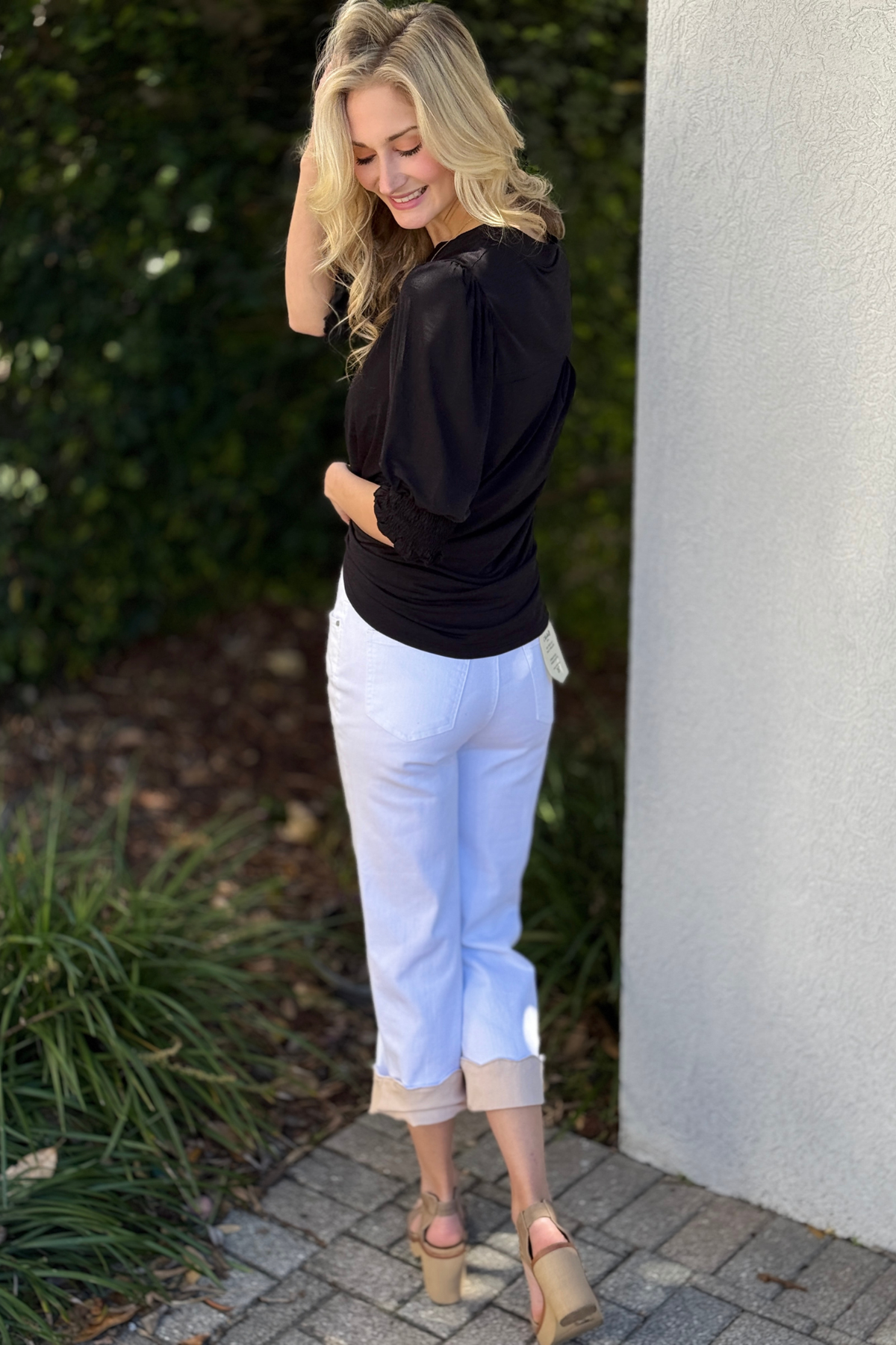 Charlie B White Cropped Twill Jeans with Scalloped Contrast Cuff