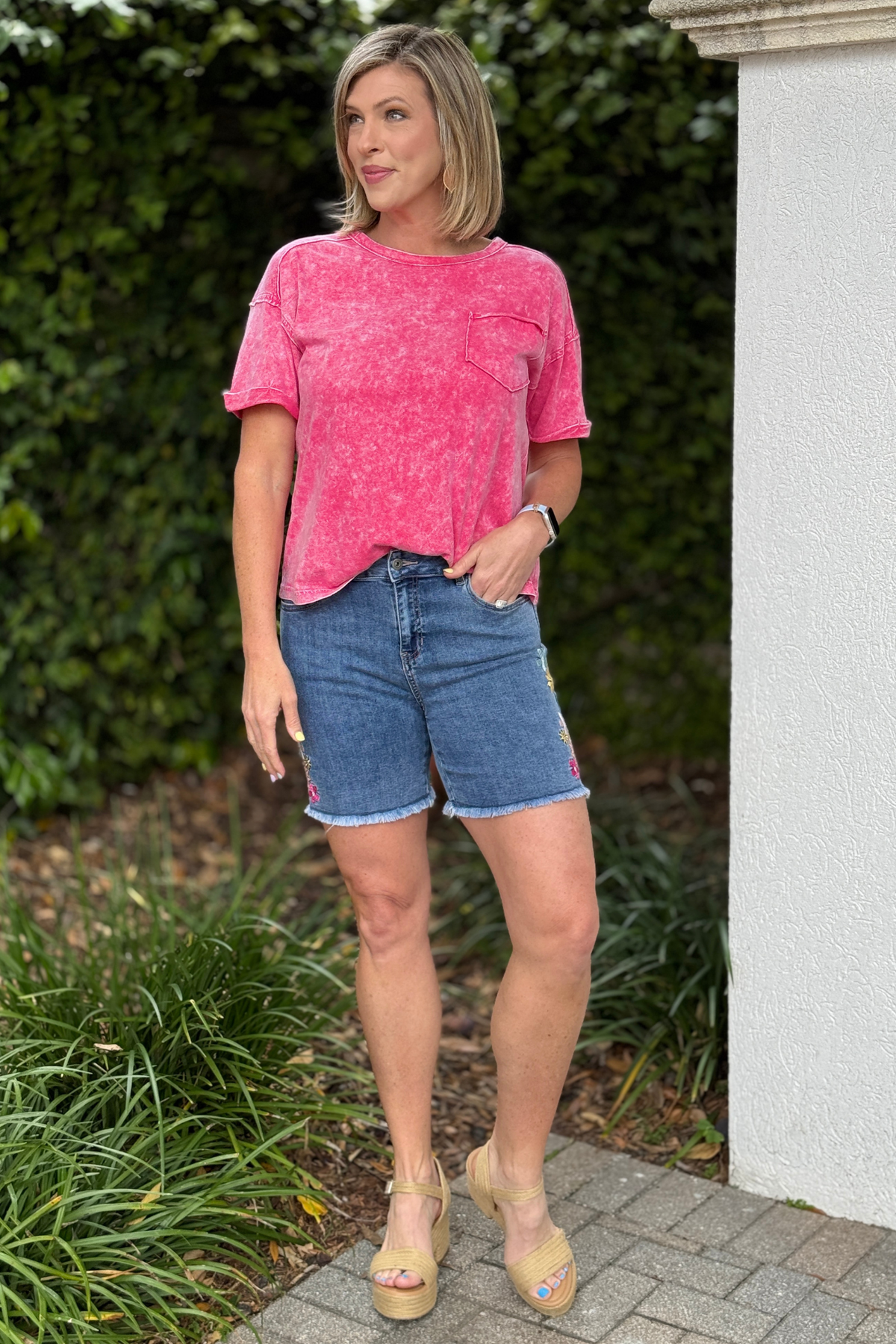 Back view of Charlie B stretch denim shorts
