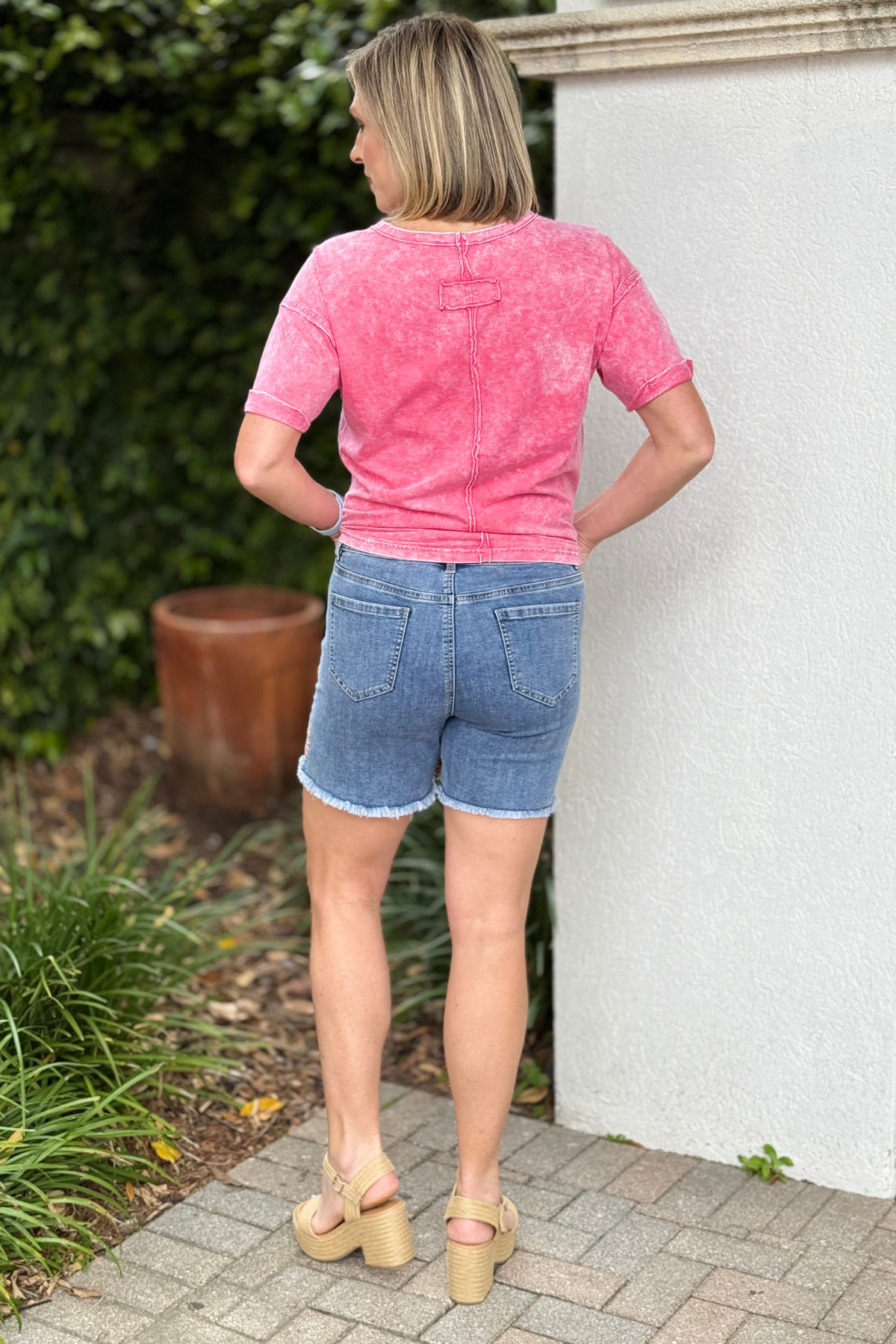 Back view of Charlie B stretch denim shorts