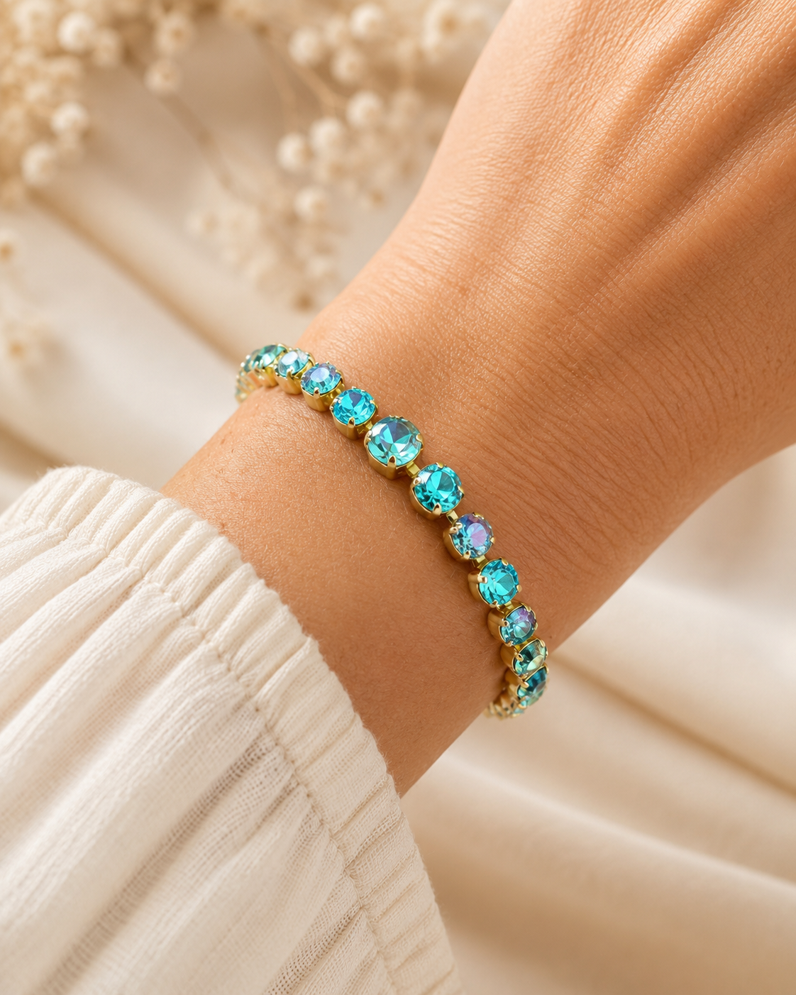 Teal Tides Crystal Tennis Bracelet – Gold