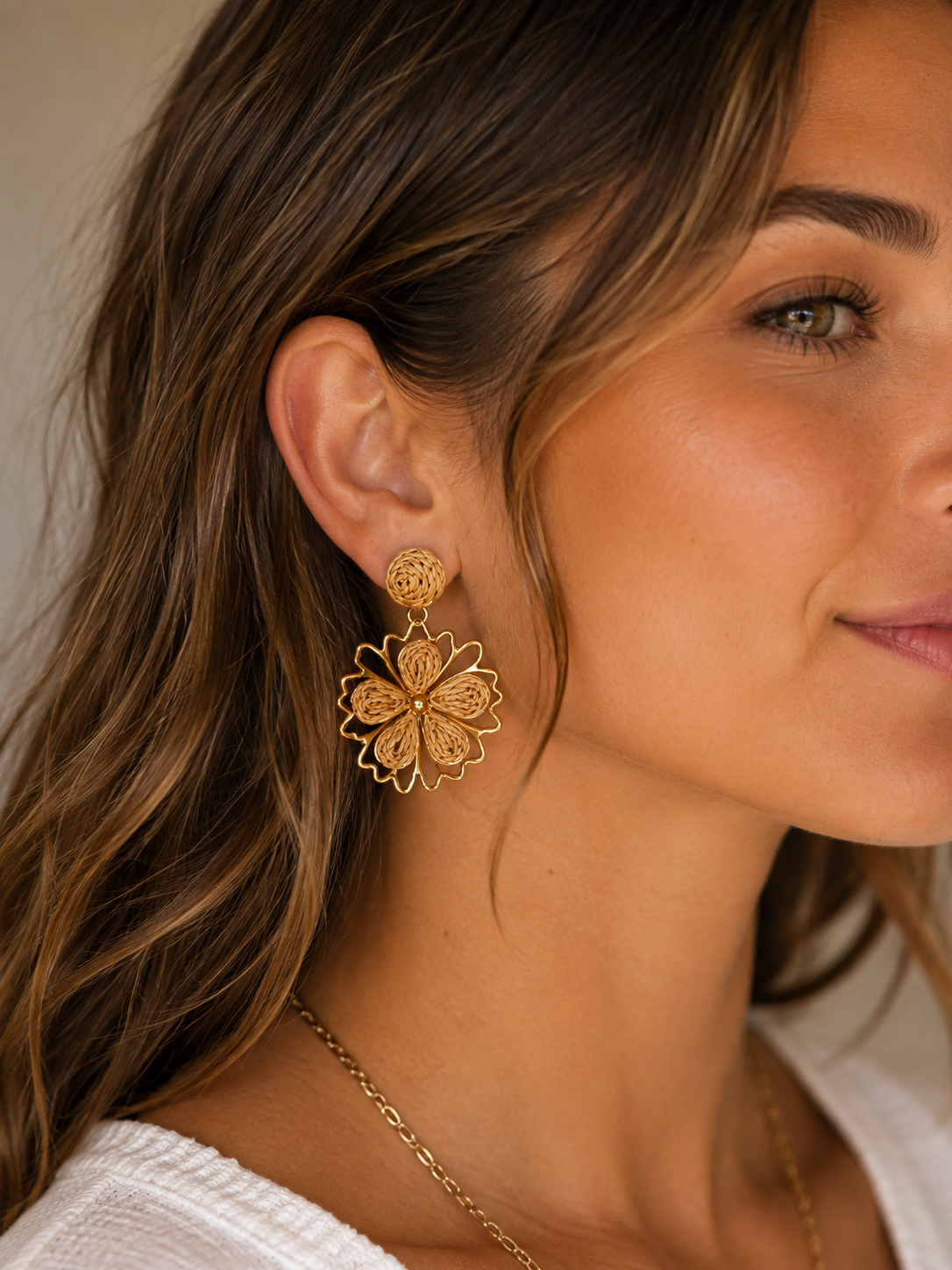 Handcrafted Woven Floral Drop Earrings - Gold