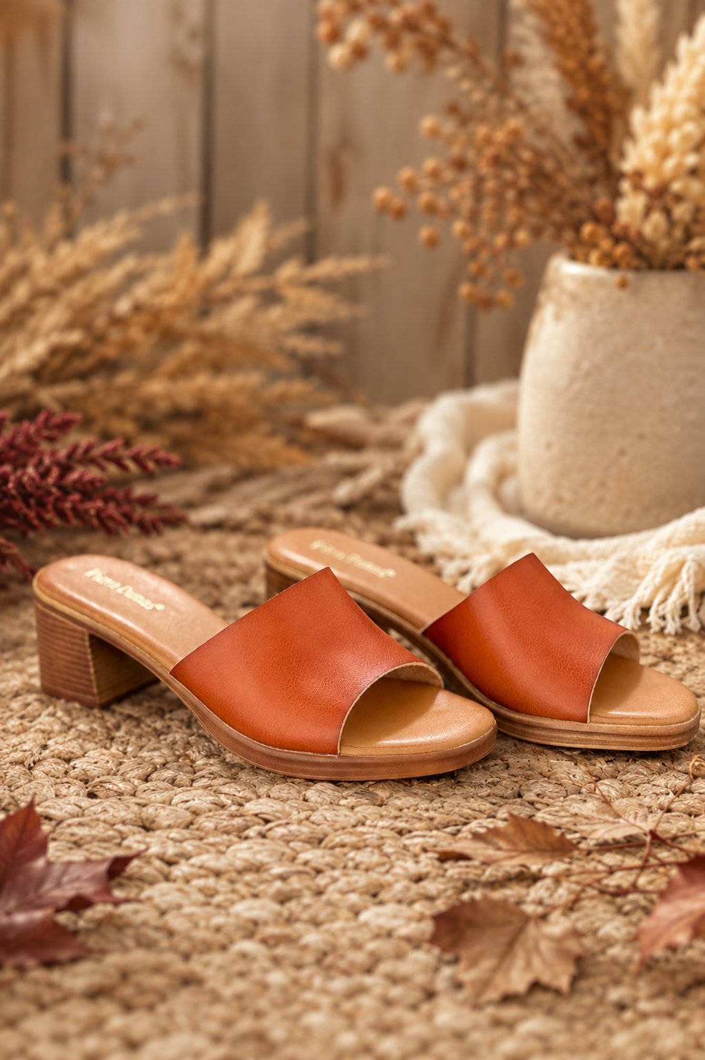 Cognac block heel slide sandals for women