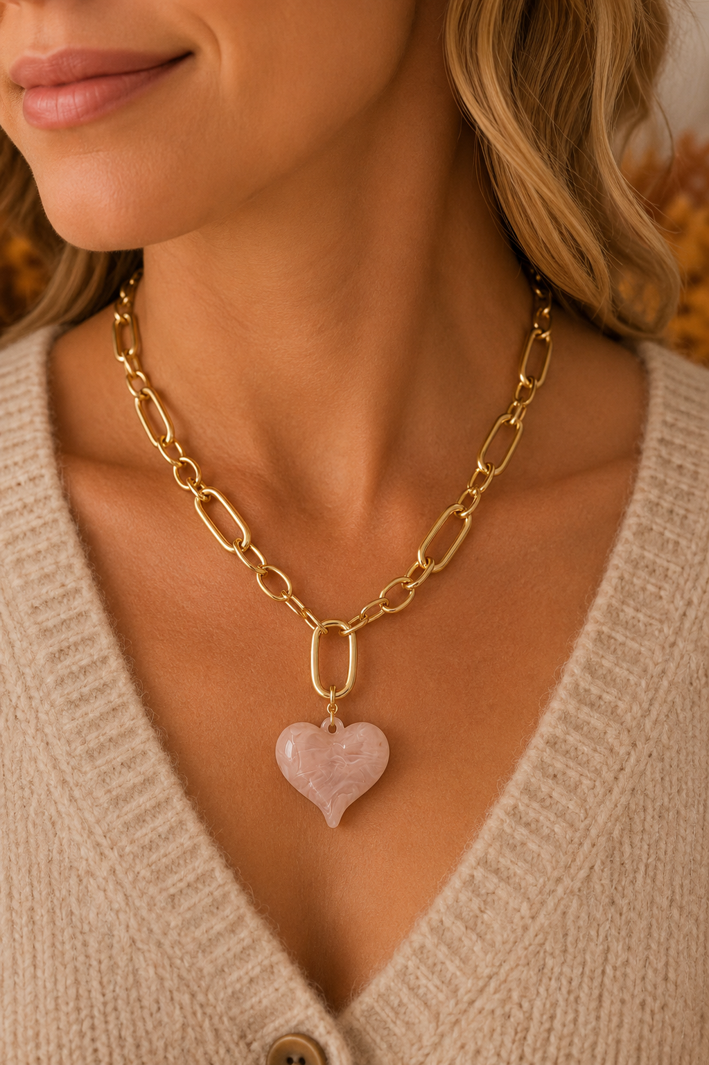 Gold paperclip chain necklace with blush resin heart pendant