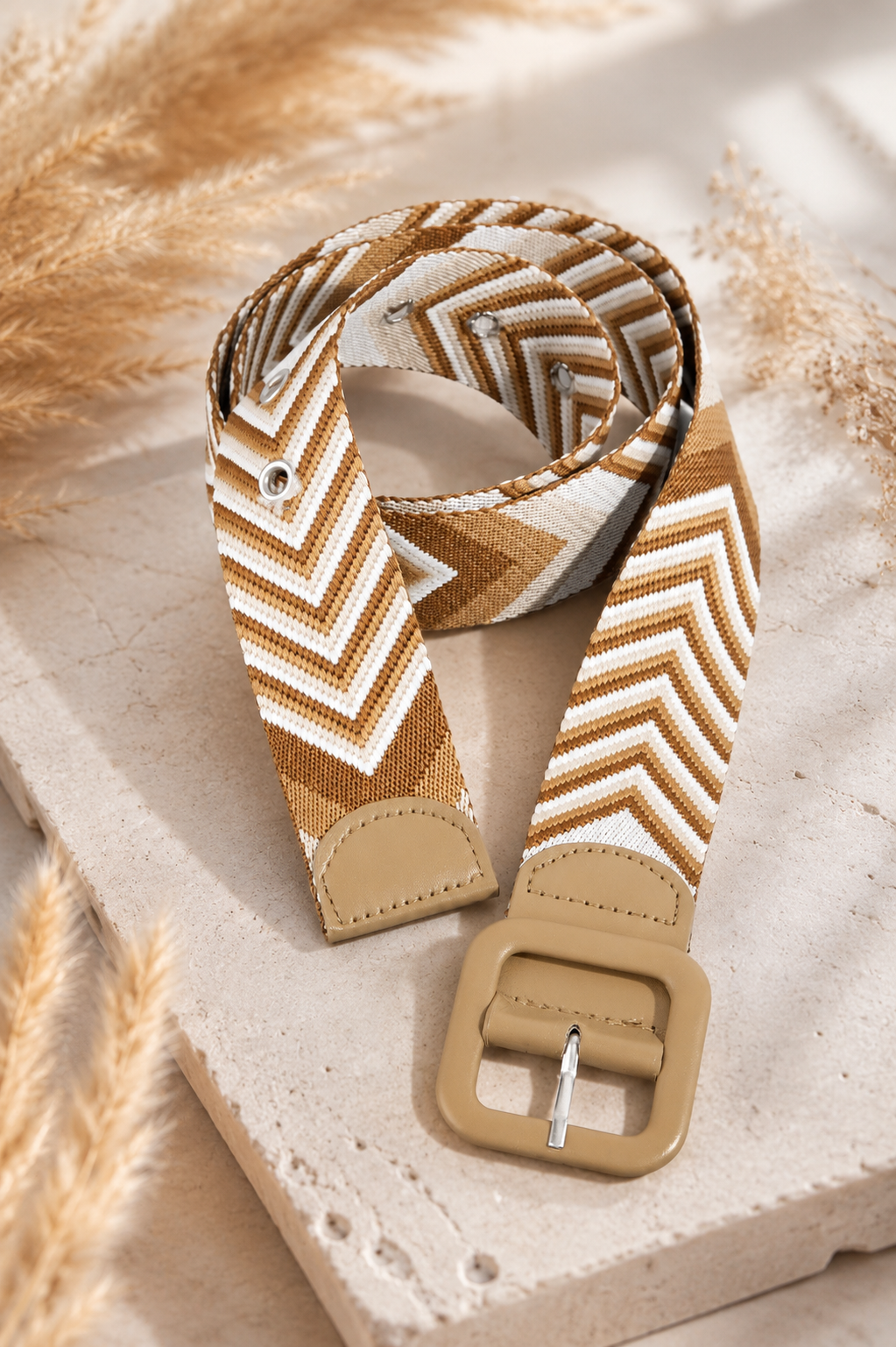 Tan Chevron Woven Statement Belt