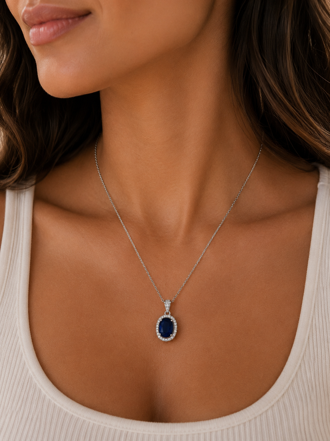 Blue Sapphire Moissanite Halo Necklace