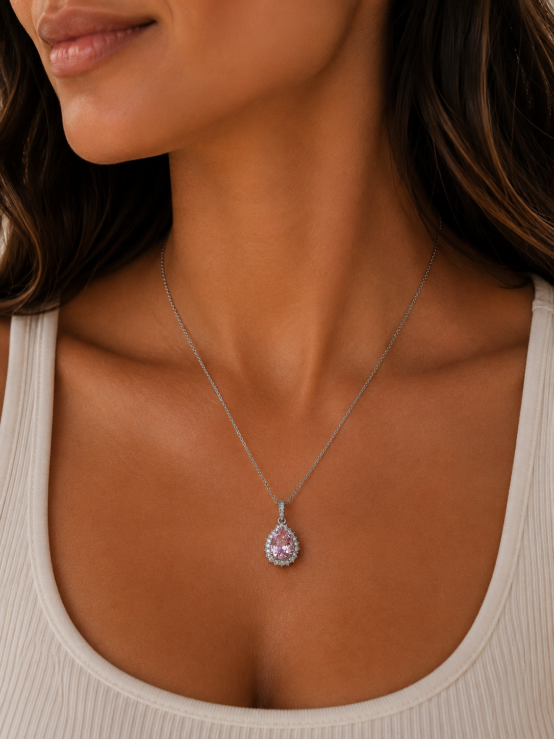 Pink Moissanite Teardrop Halo Necklace
