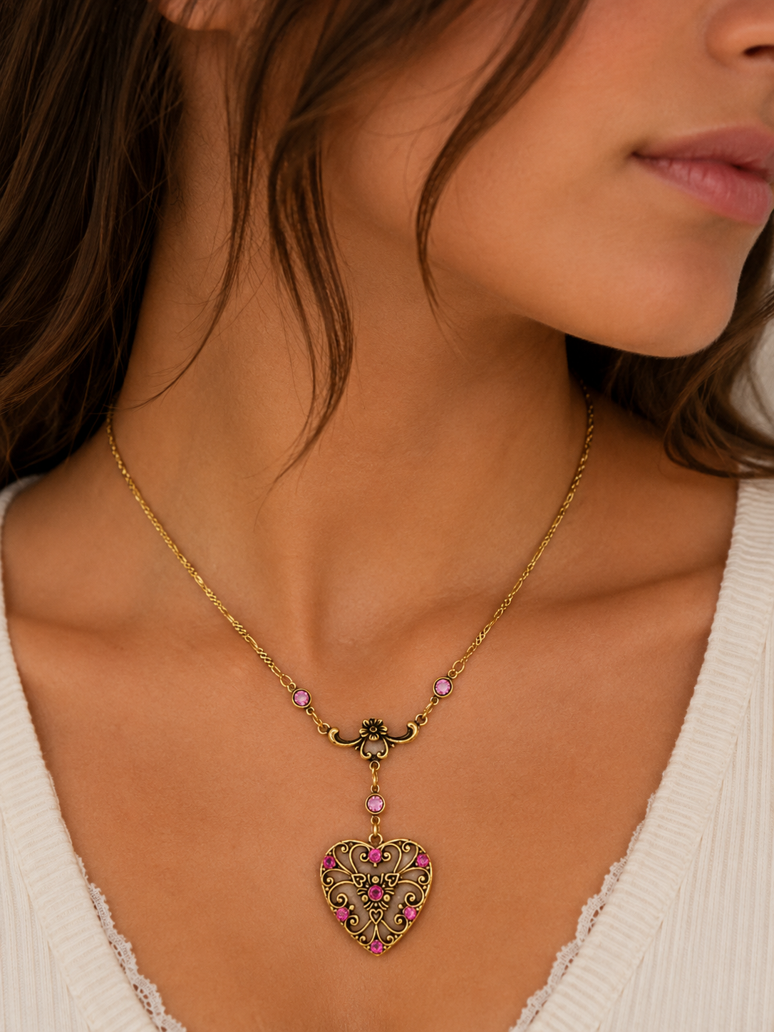 Victorian Filigree Heart Crystal Necklace – Pink