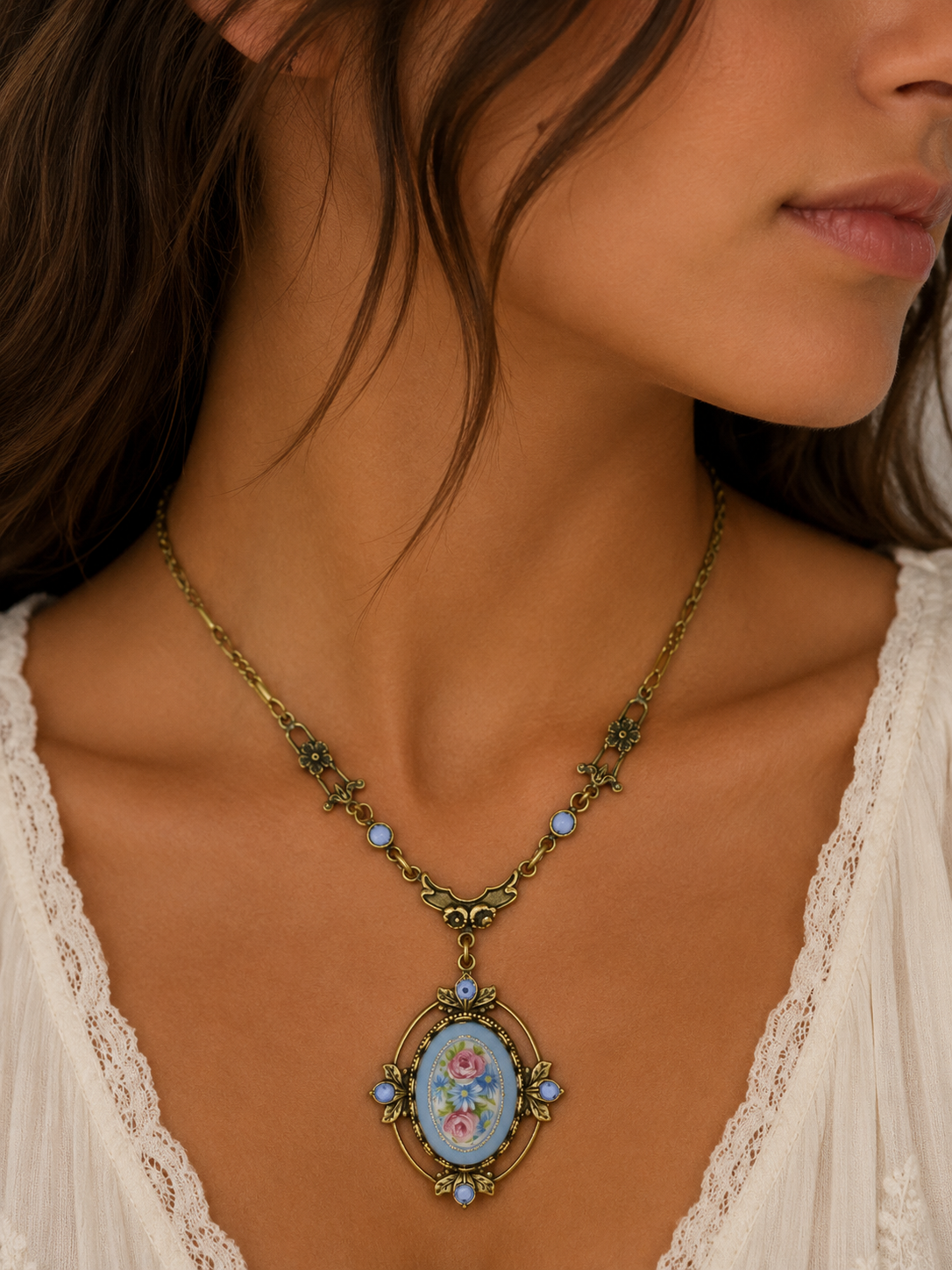 Victorian Porcelain Floral Cameo Necklace – Blue