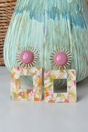 Handmade mauve and yellow statement earrings with sunburst stud design