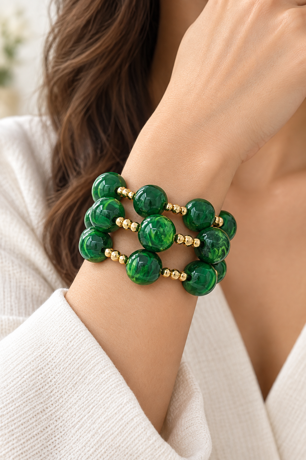 Emerald Marbled Bead Bracelet Set