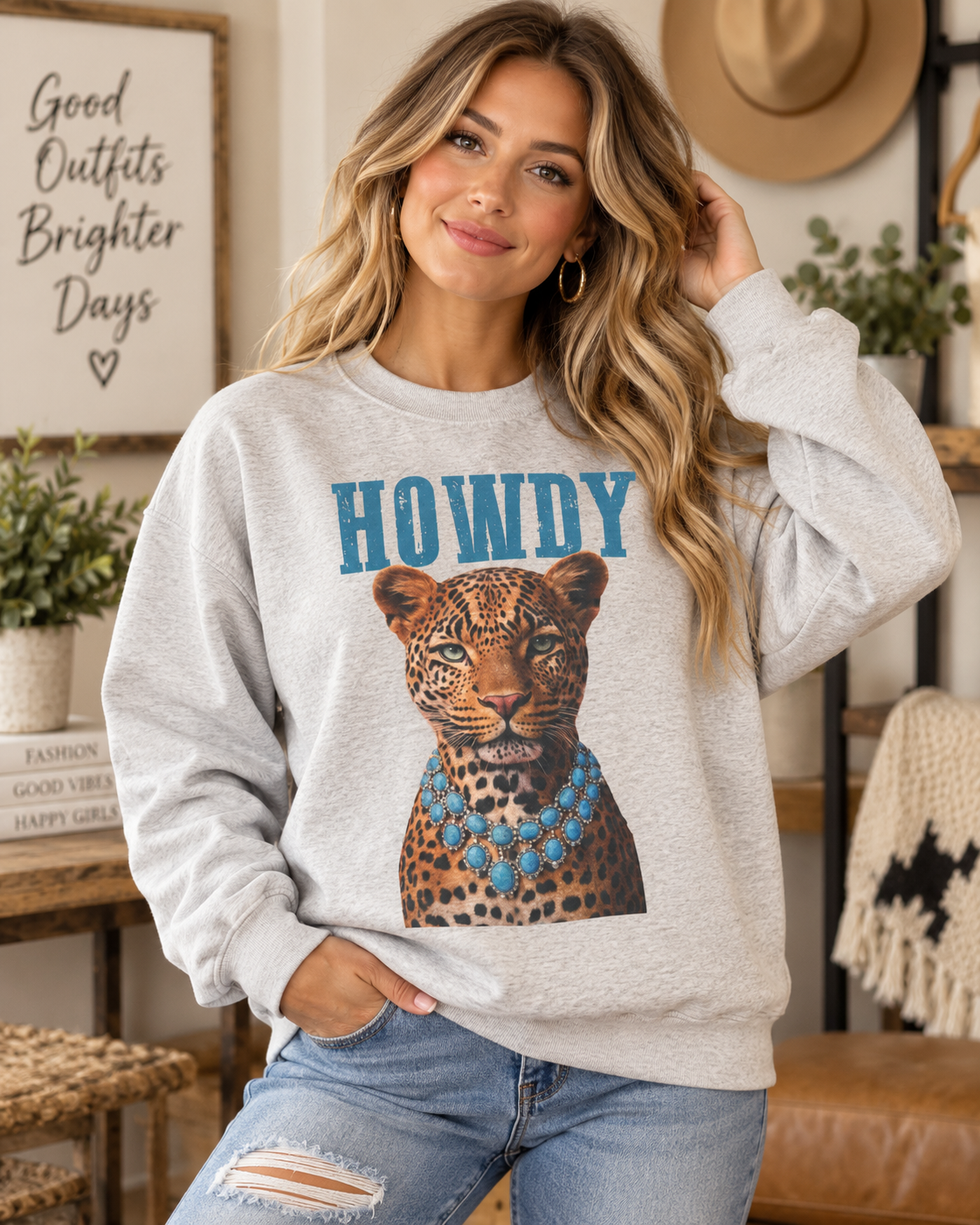 Howdy leopard graphic sweatshirt in heather grey
Heather grey western sweatshirt with leopard graphic
Leopard graphic sweatshirt with turquoise necklace design
Women’s HOWDY western graphic sweatshirt
Boutique leopard graphic pullover styled with denim