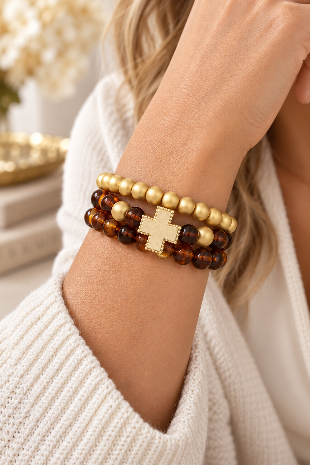 Cross Charm Beaded Bracelet Stack – Set of 3