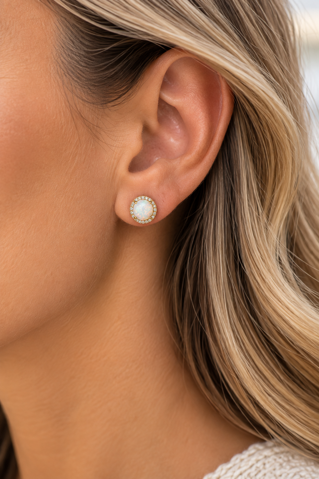 Sterling Silver White Opal & Moissanite Halo Stud Earrings – 1.76 CTTW