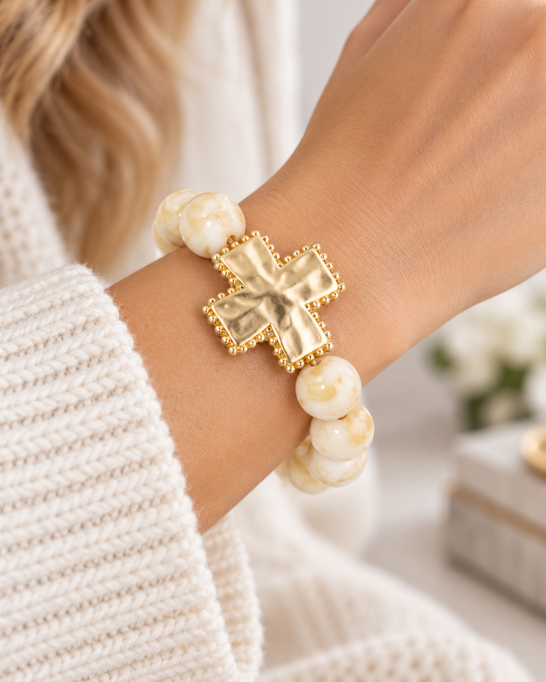 Natural marble bead hammered cross stretch bracelet