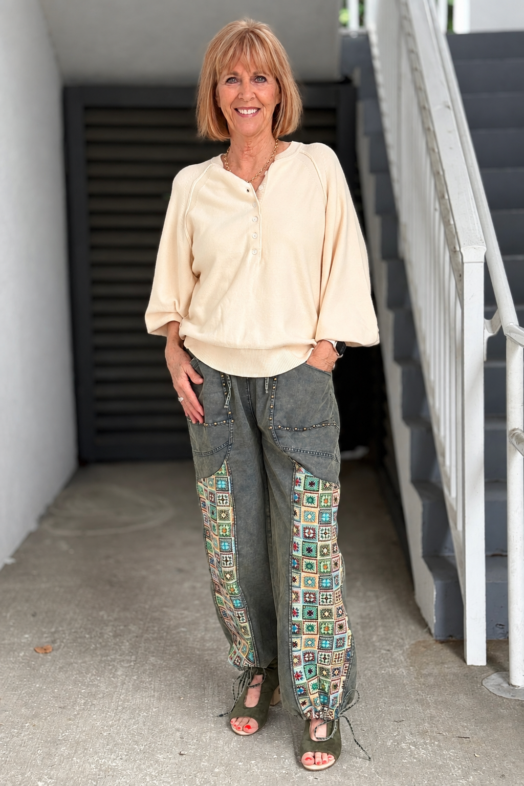 Crochet Patchwork Wide-Leg Jogger Pants in Olive front view
