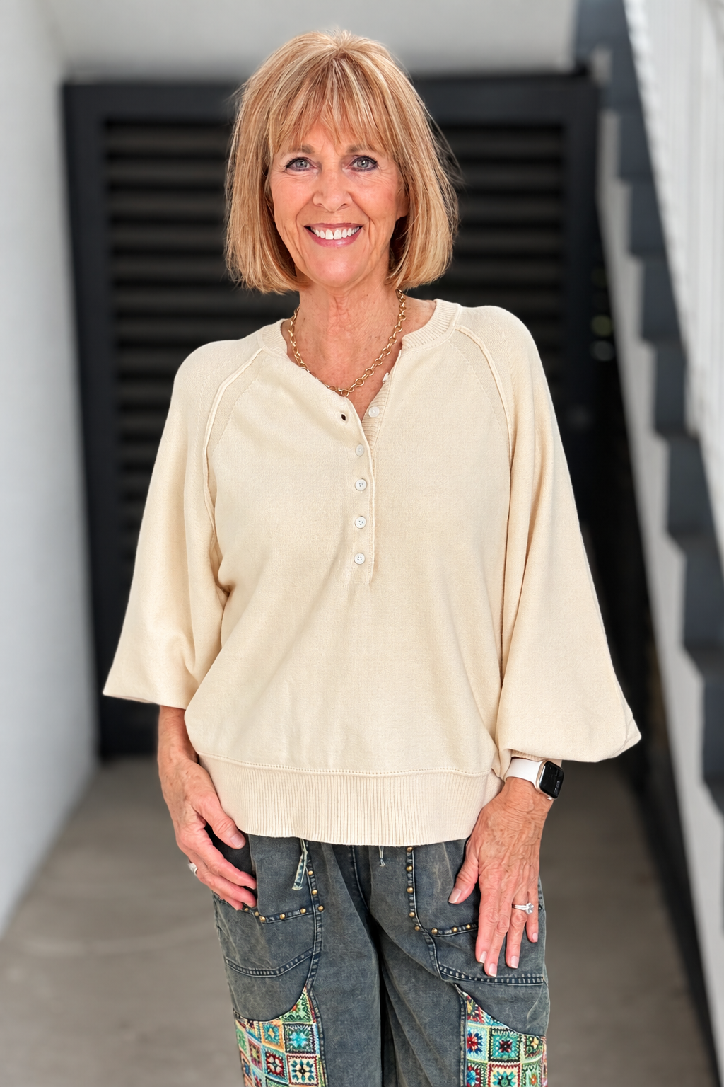 Relaxed Henley Sweater Top in Ivory front view