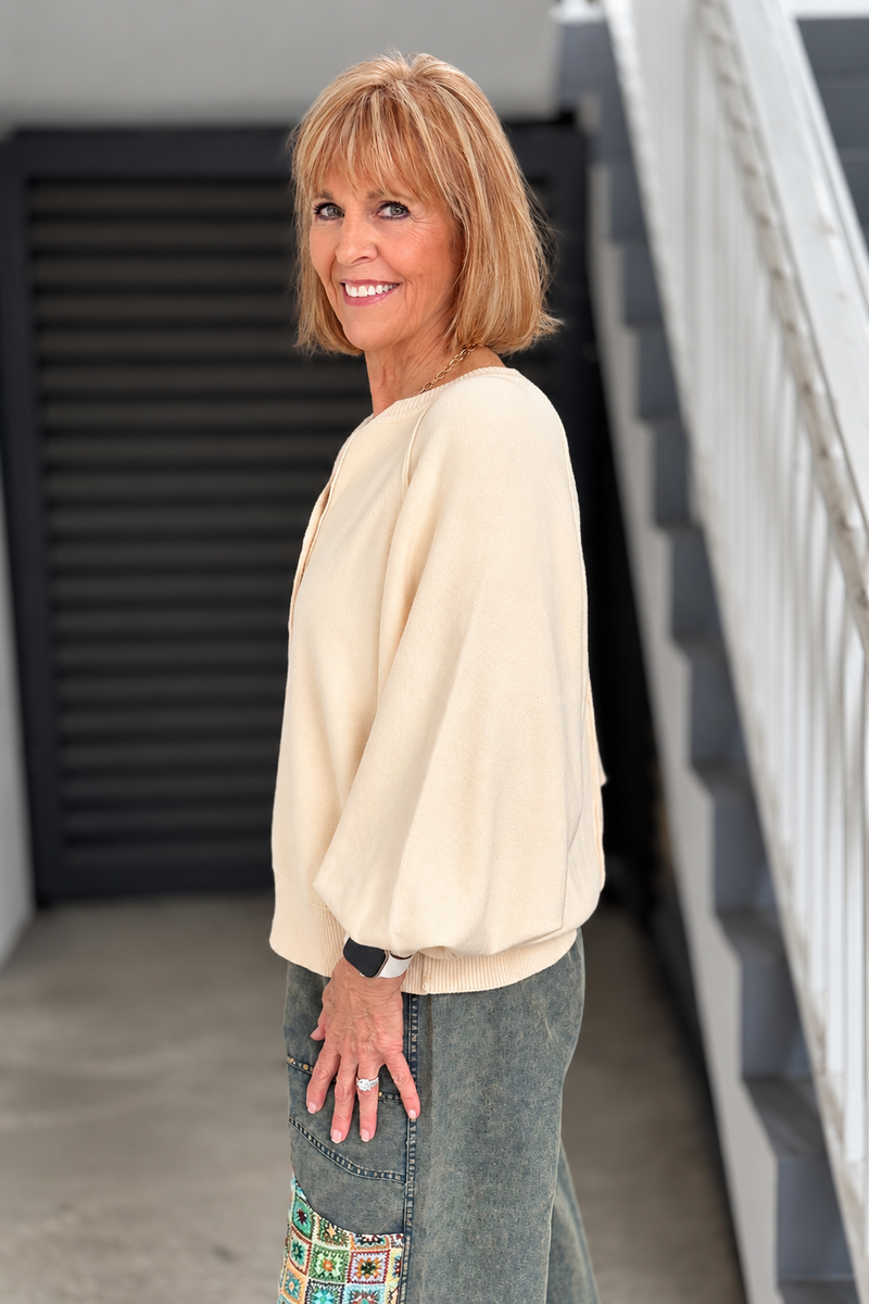  Ivory oversized henley sweater with balloon sleeves 