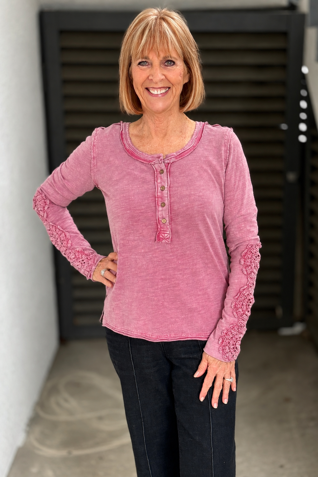 Crochet Detail Henley Top – Magenta