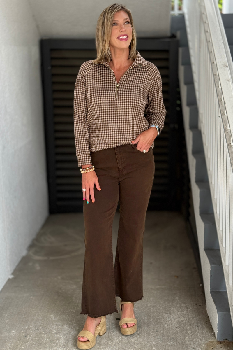 Women's brown check long sleeve top