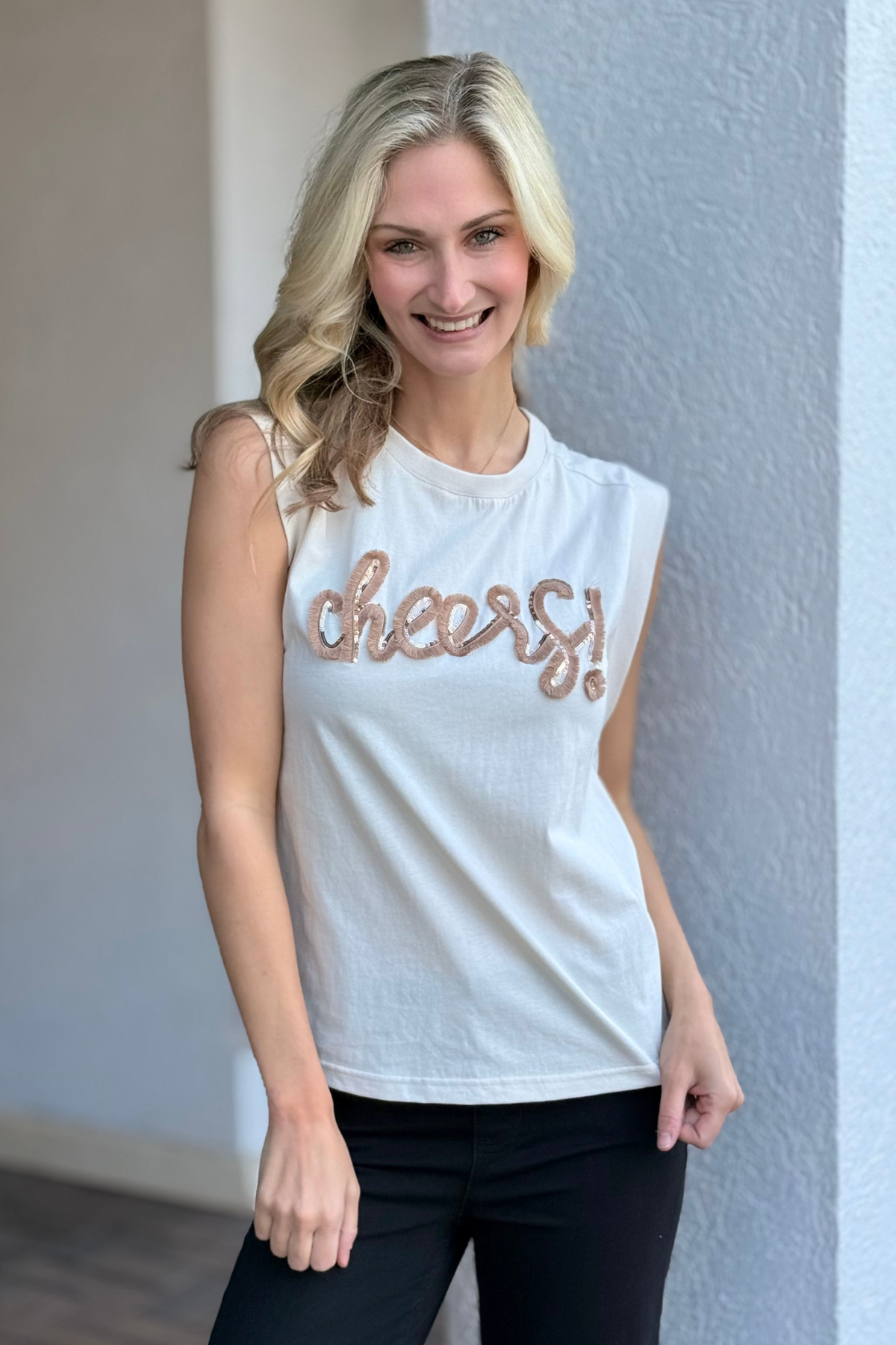 Sleeveless celebration graphic top in ivory cotton