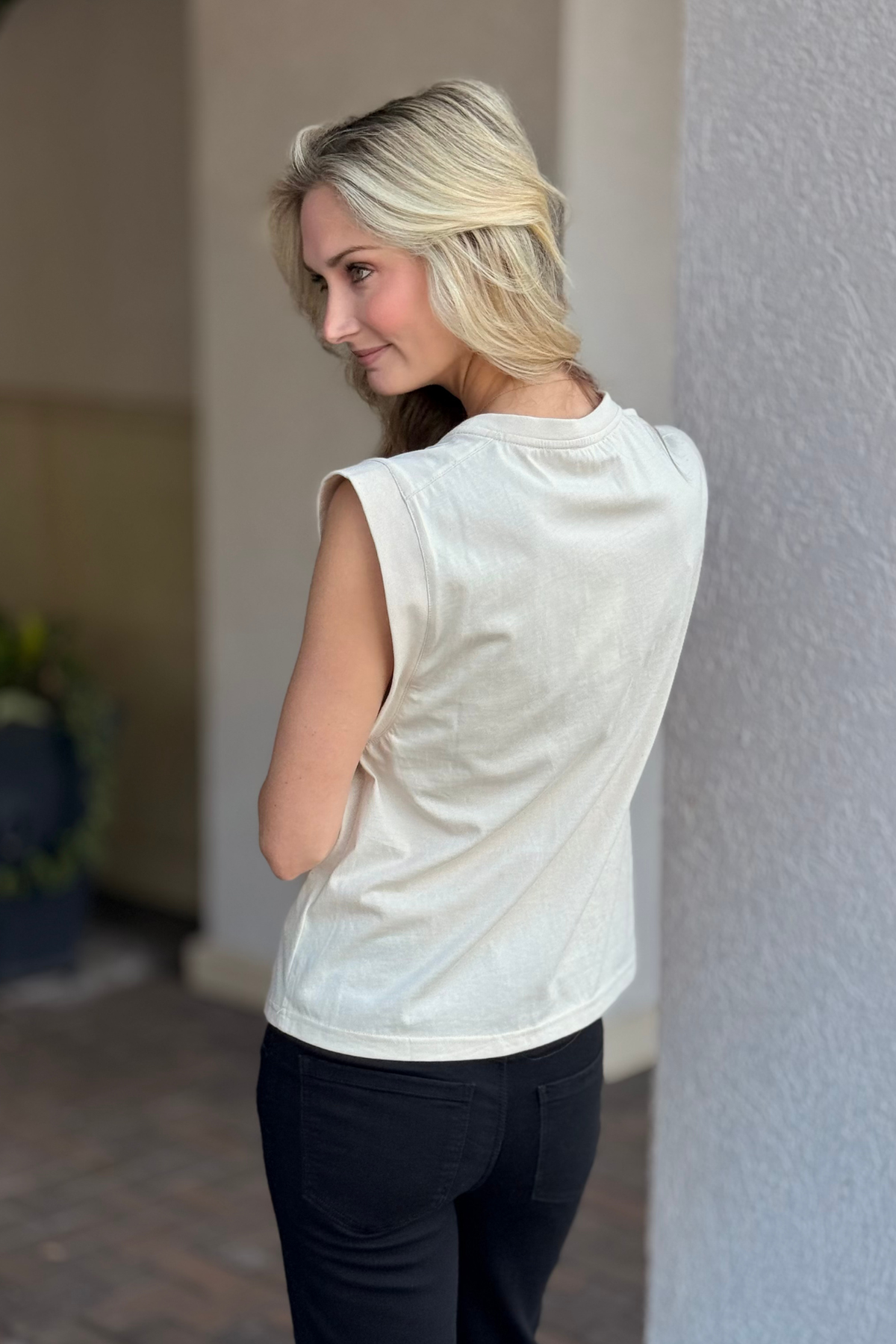 Casual festive tank top with embroidered lettering