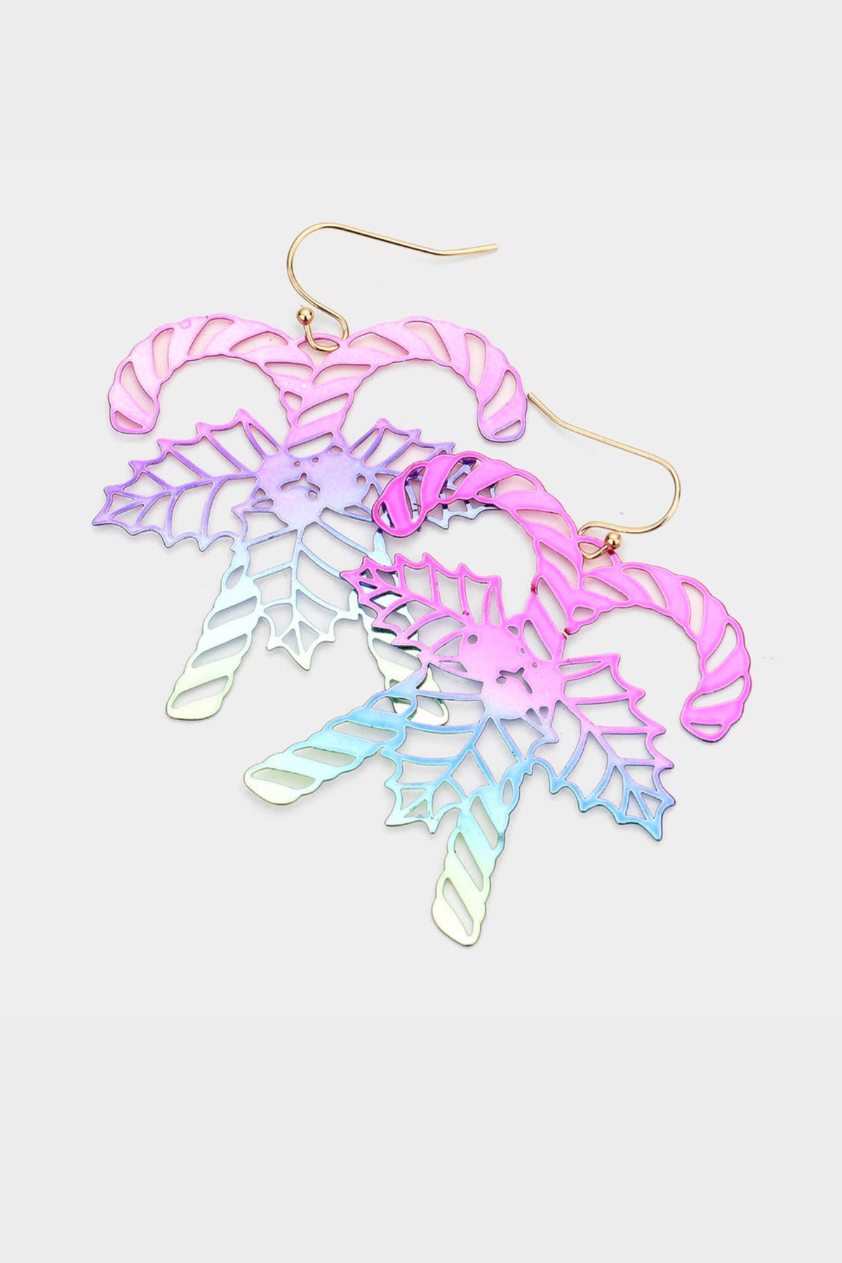 Pastel candy cane cutout Christmas earrings with holly detail