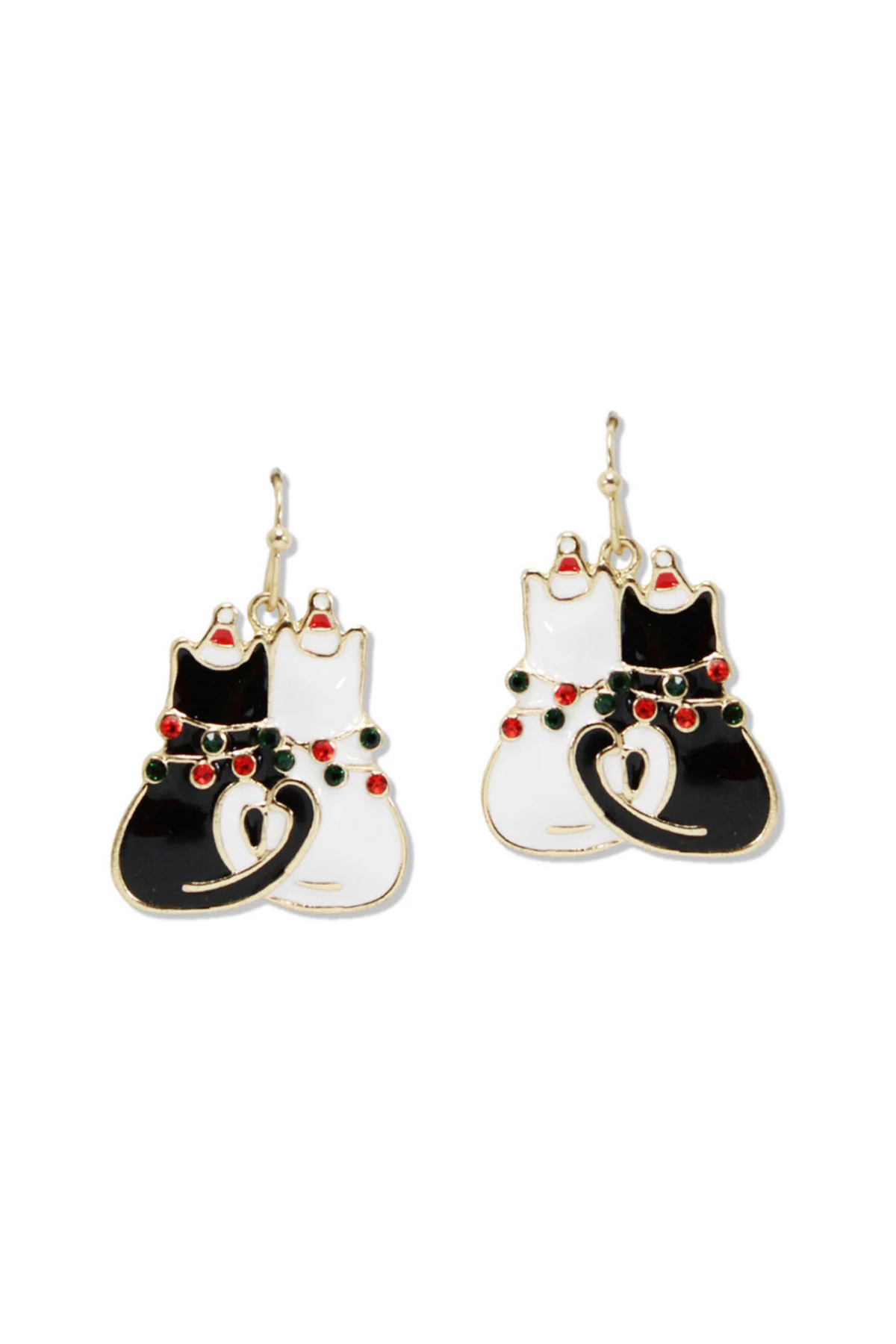 Black and white Christmas cat enamel rhinestone dangle earrings with festive holiday design.