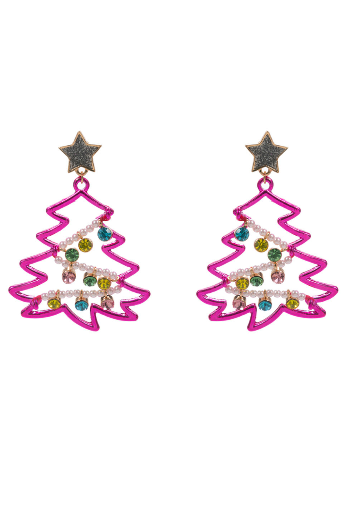 Pink Christmas tree dangle earrings with star top and colorful stones