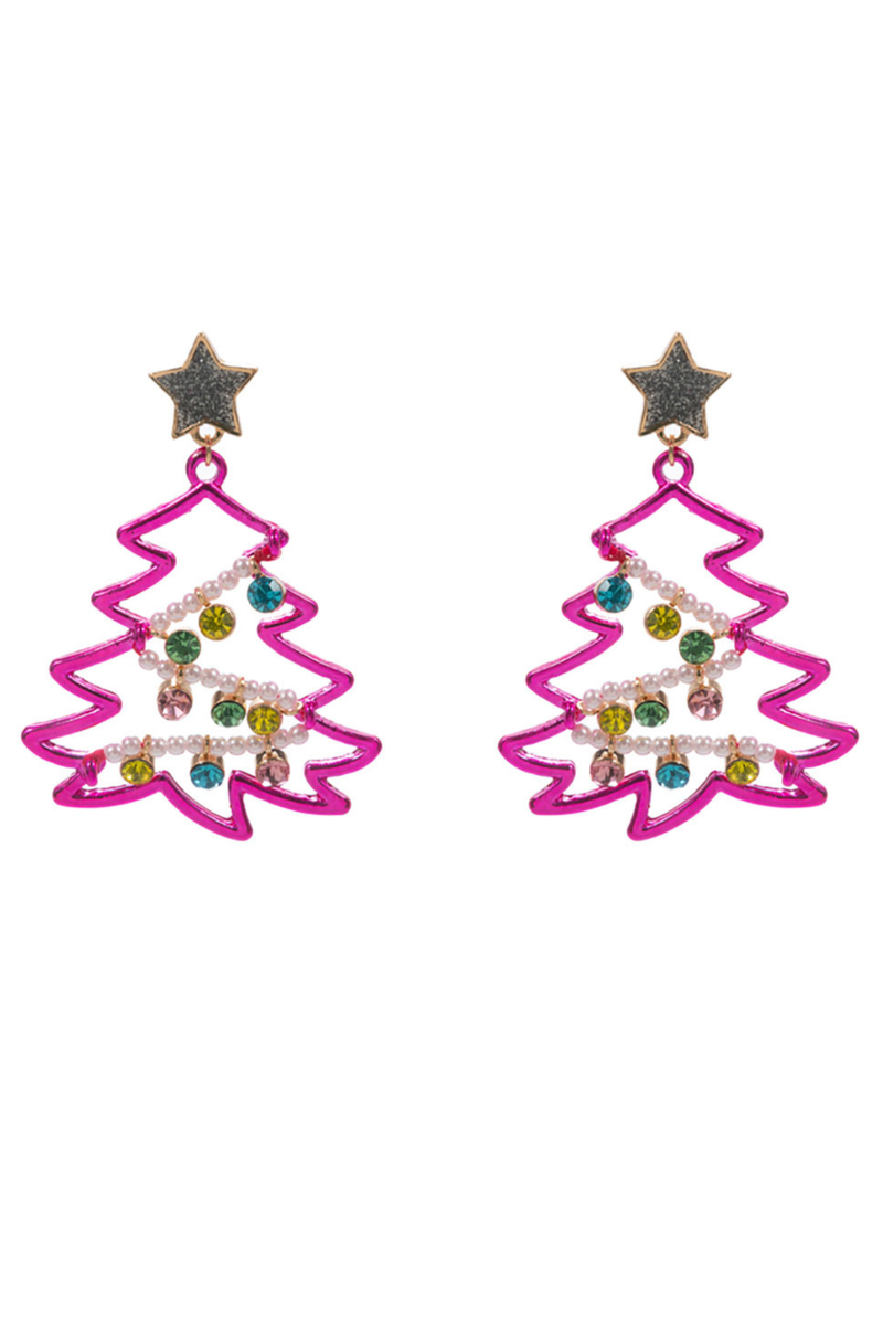 Pink Christmas tree dangle earrings with star top and colorful stones