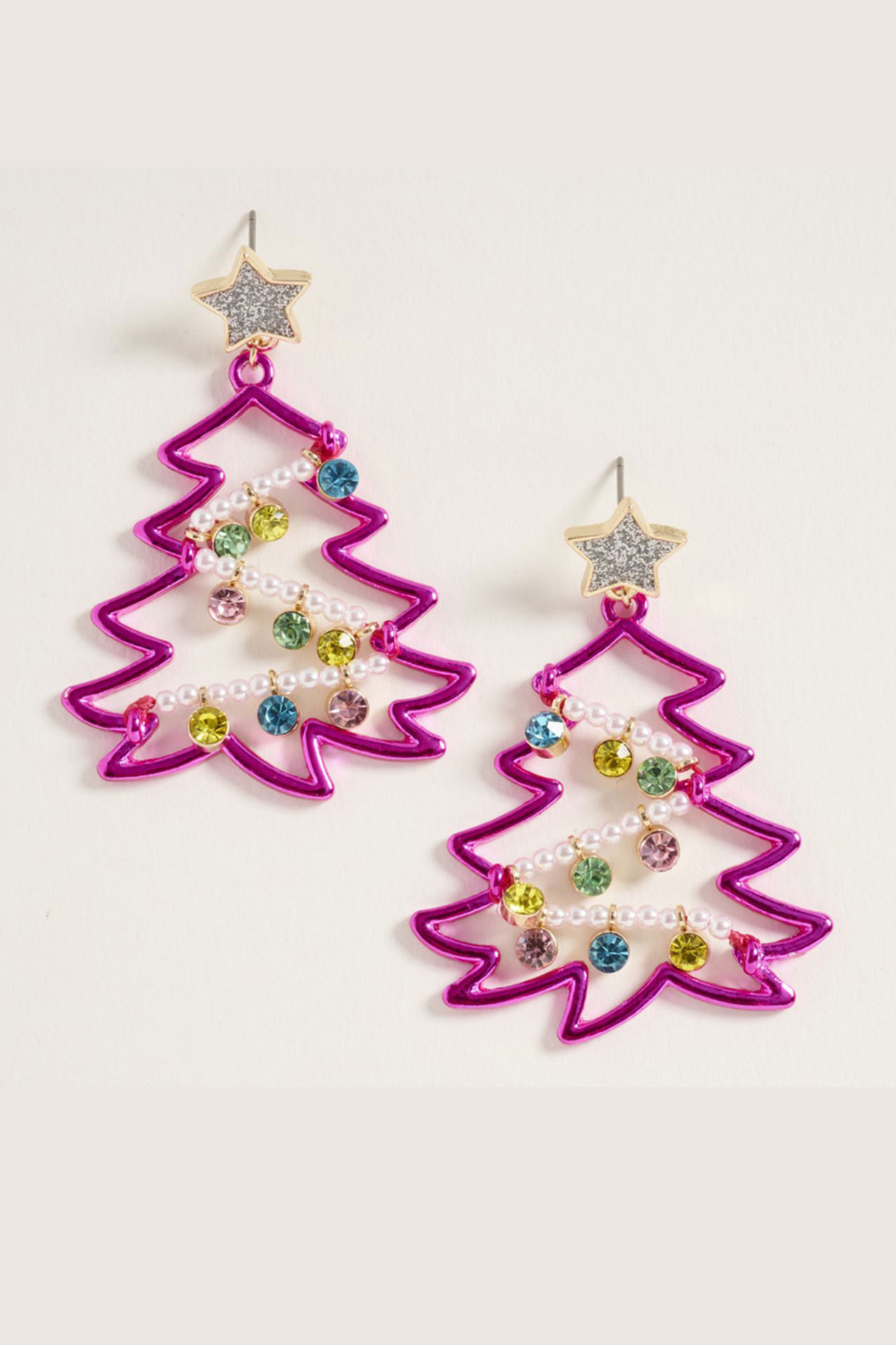Hypoallergenic Christmas tree earrings with pearl and stone accents